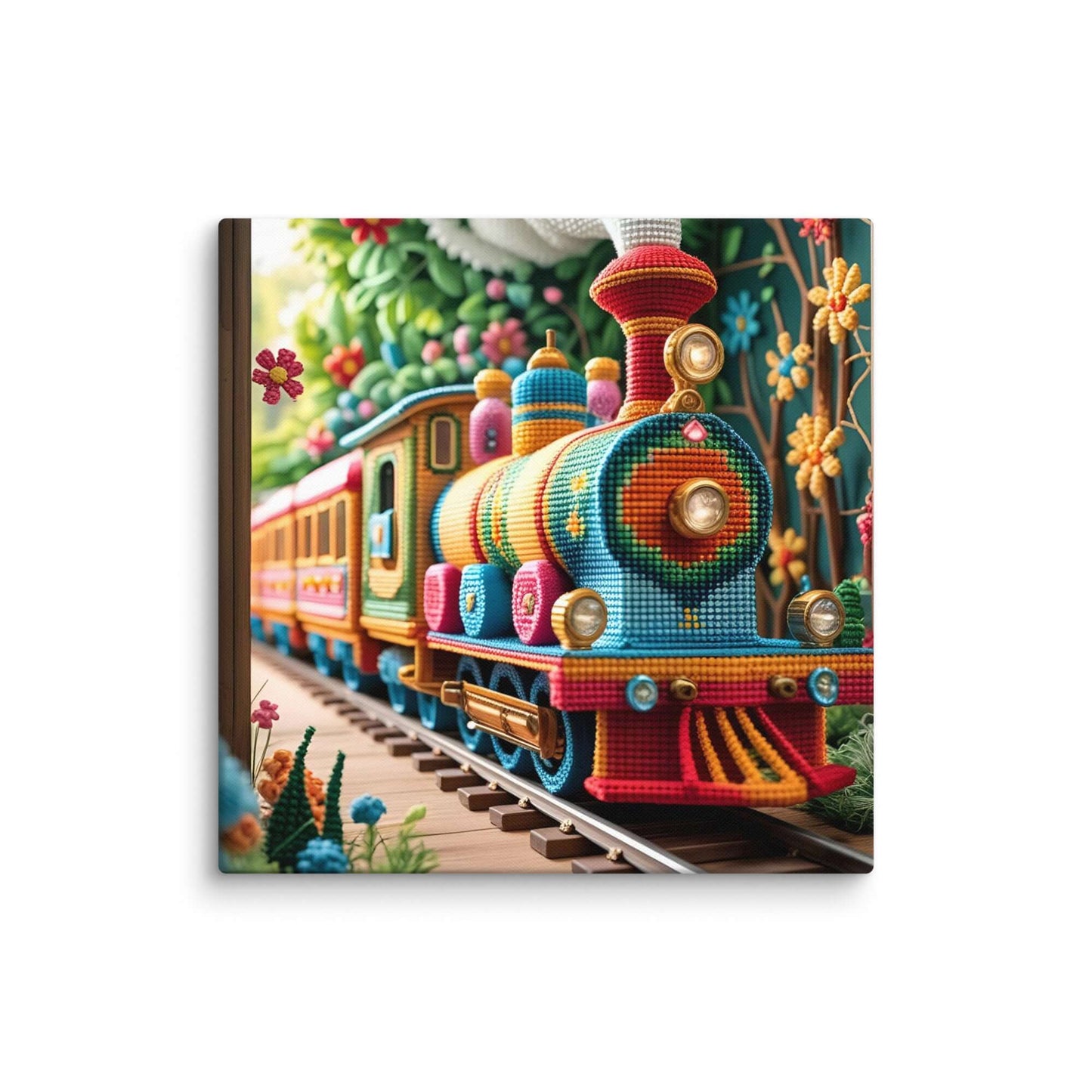 Stretched "{{product-type}}" with a colorful cross-stitch design of a train. The "{{title}}" art is a charming and unique decor piece for a child's nursery.