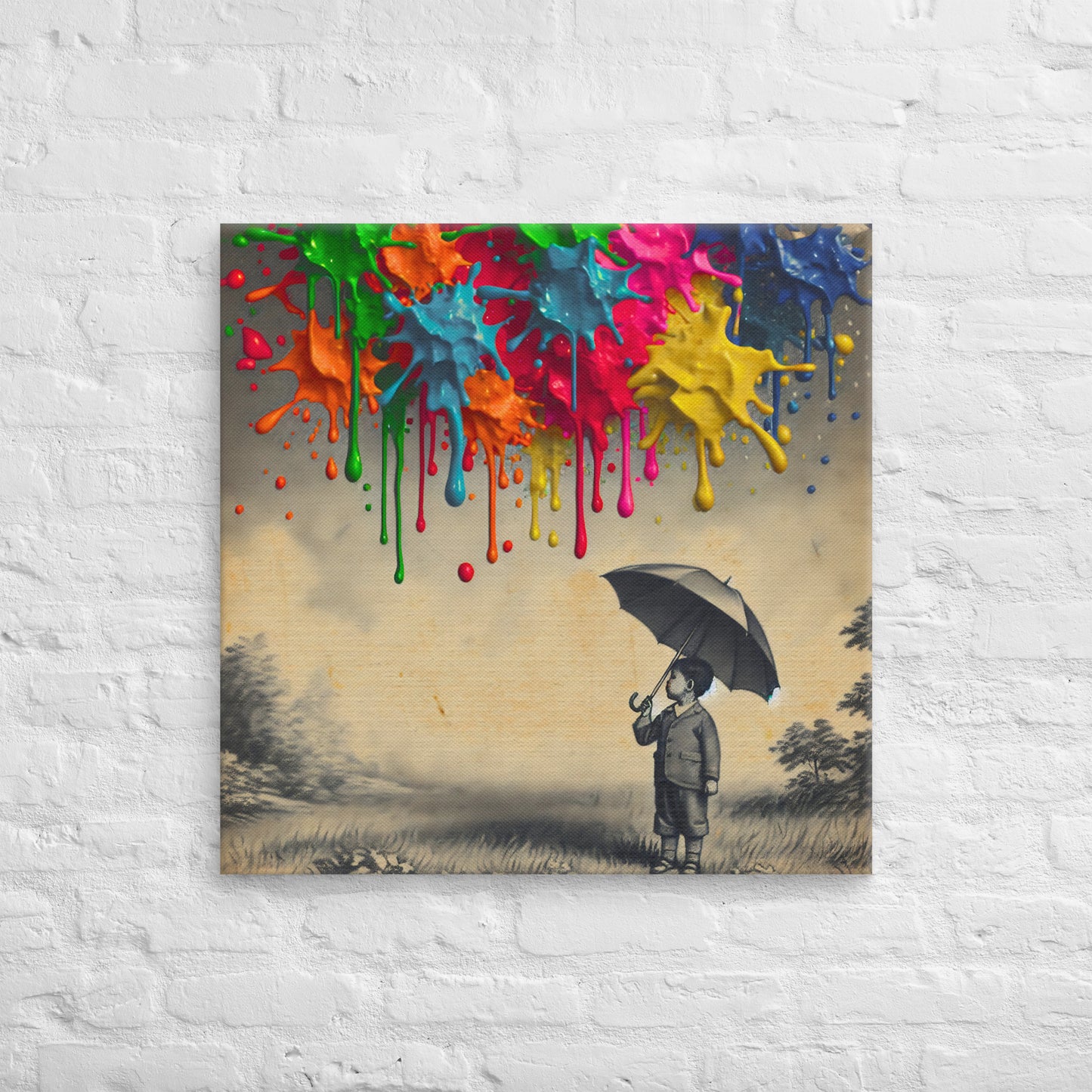 Canvas art titled 'Colorful Imagination,' featuring a child holding an umbrella surrounded by vibrant paint splashes, perfect for playful and creative home decor.