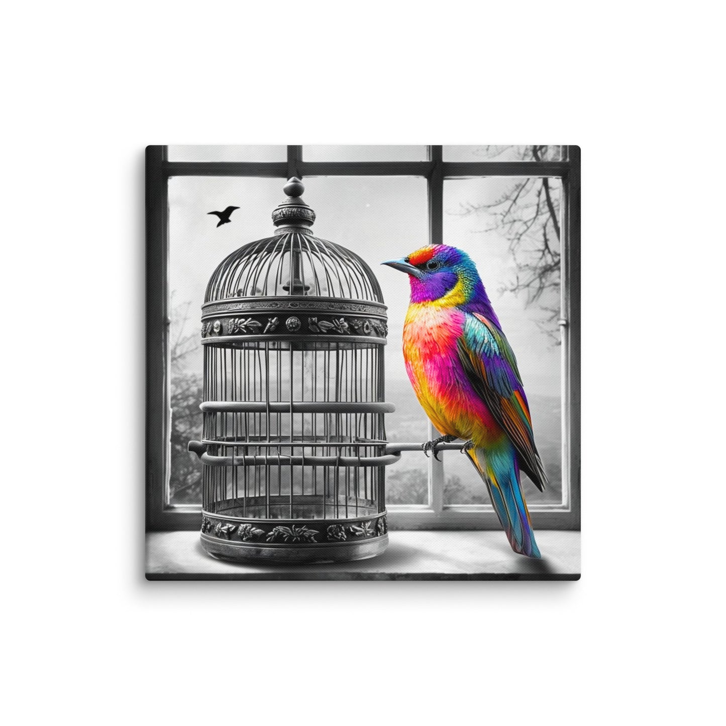 Square canvas print featuring a vibrant rainbow-colored bird with a black and white background of a birdcage. Symbolic and striking wall art for a modern living space.