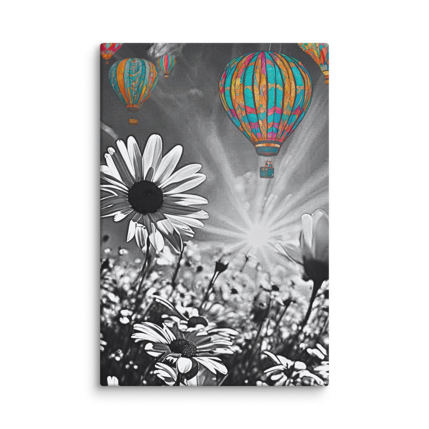 Vibrant colorful hot air balloons floating over a black and white daisy field. Unique contrast photography art print for modern and eclectic home decor.