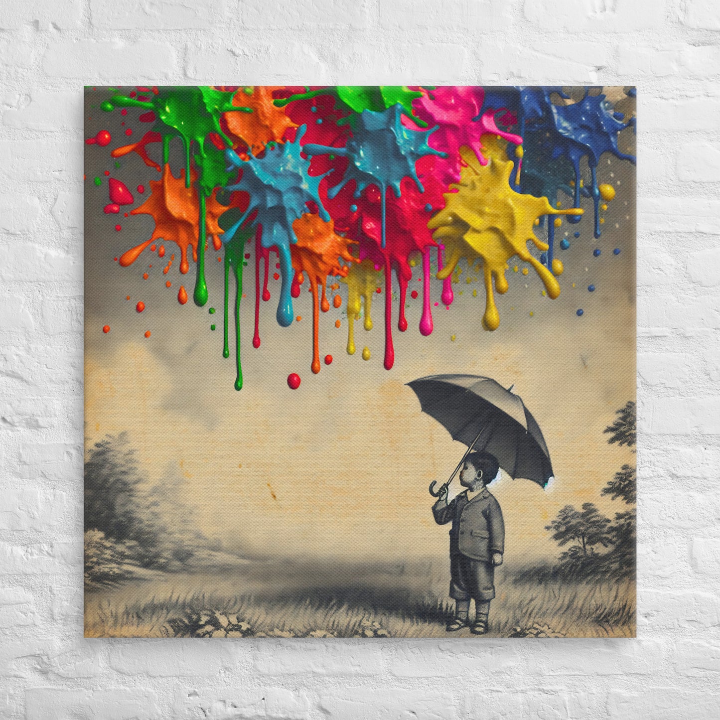 Canvas art titled 'Colorful Imagination,' featuring a child holding an umbrella surrounded by vibrant paint splashes, perfect for playful and creative home decor.
