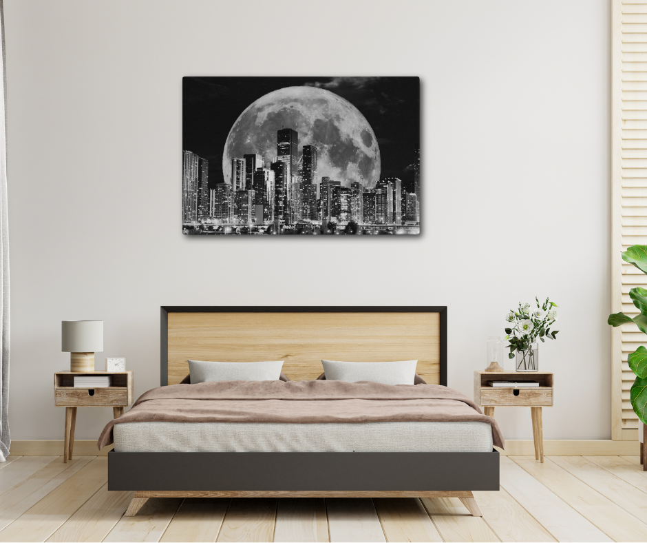 Canvas art titled 'Cityscape Moonlight,' featuring a black and white skyline illuminated by moonlight, perfect for modern urban and minimalist home decor.