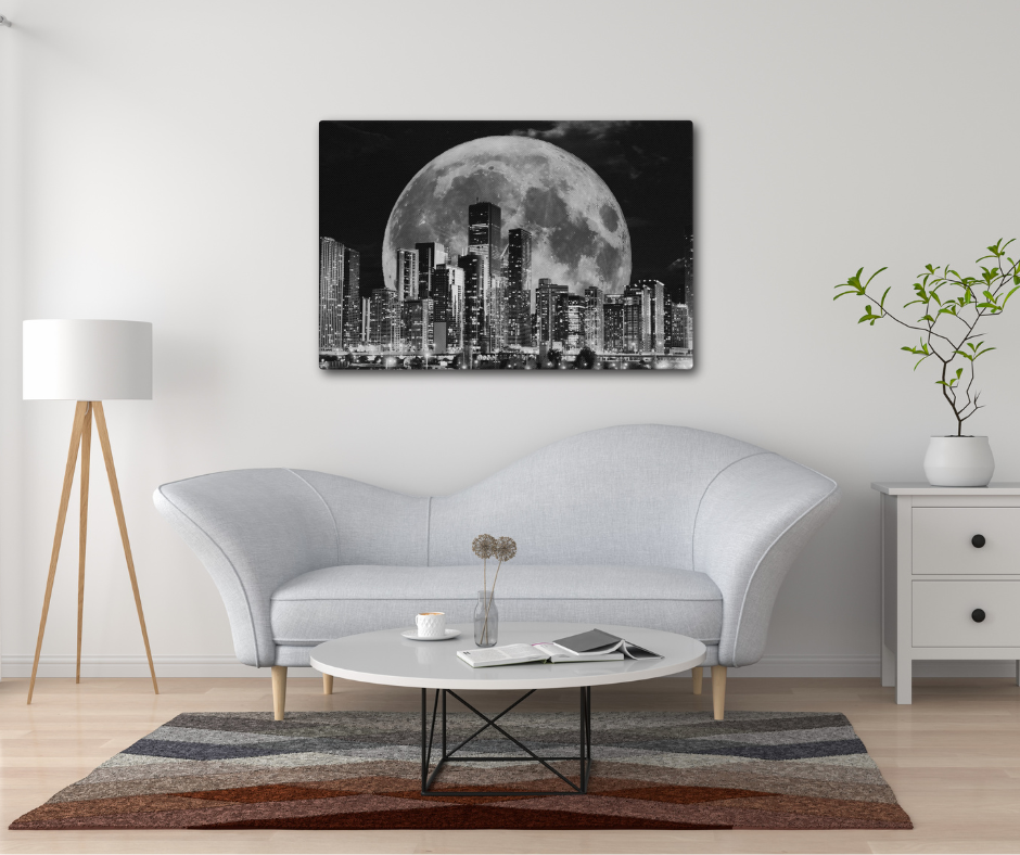 Canvas art titled 'Cityscape Moonlight,' featuring a black and white skyline illuminated by moonlight, perfect for modern urban and minimalist home decor.