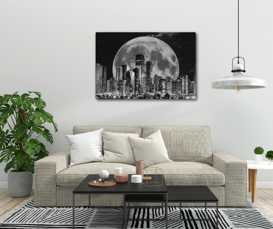 Canvas art titled 'Cityscape Moonlight,' featuring a black and white skyline illuminated by moonlight, perfect for modern urban and minimalist home decor.