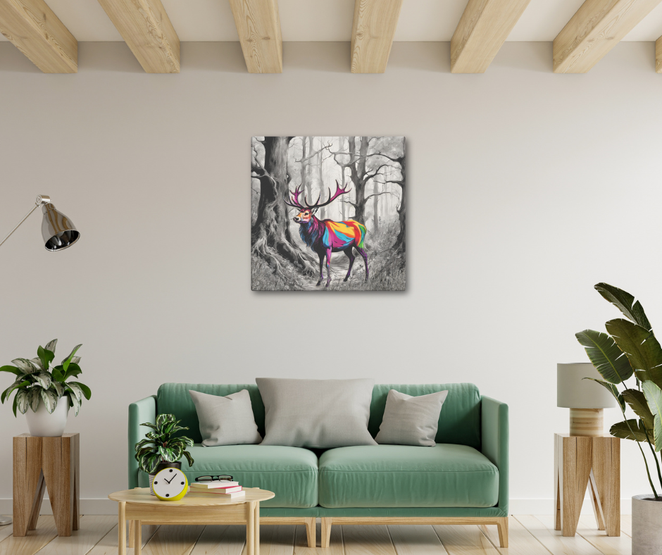 Canvas art titled 'Vibrant Stag,' featuring a colorful deer in a lush forest setting, perfect for nature-inspired and bold home decor.