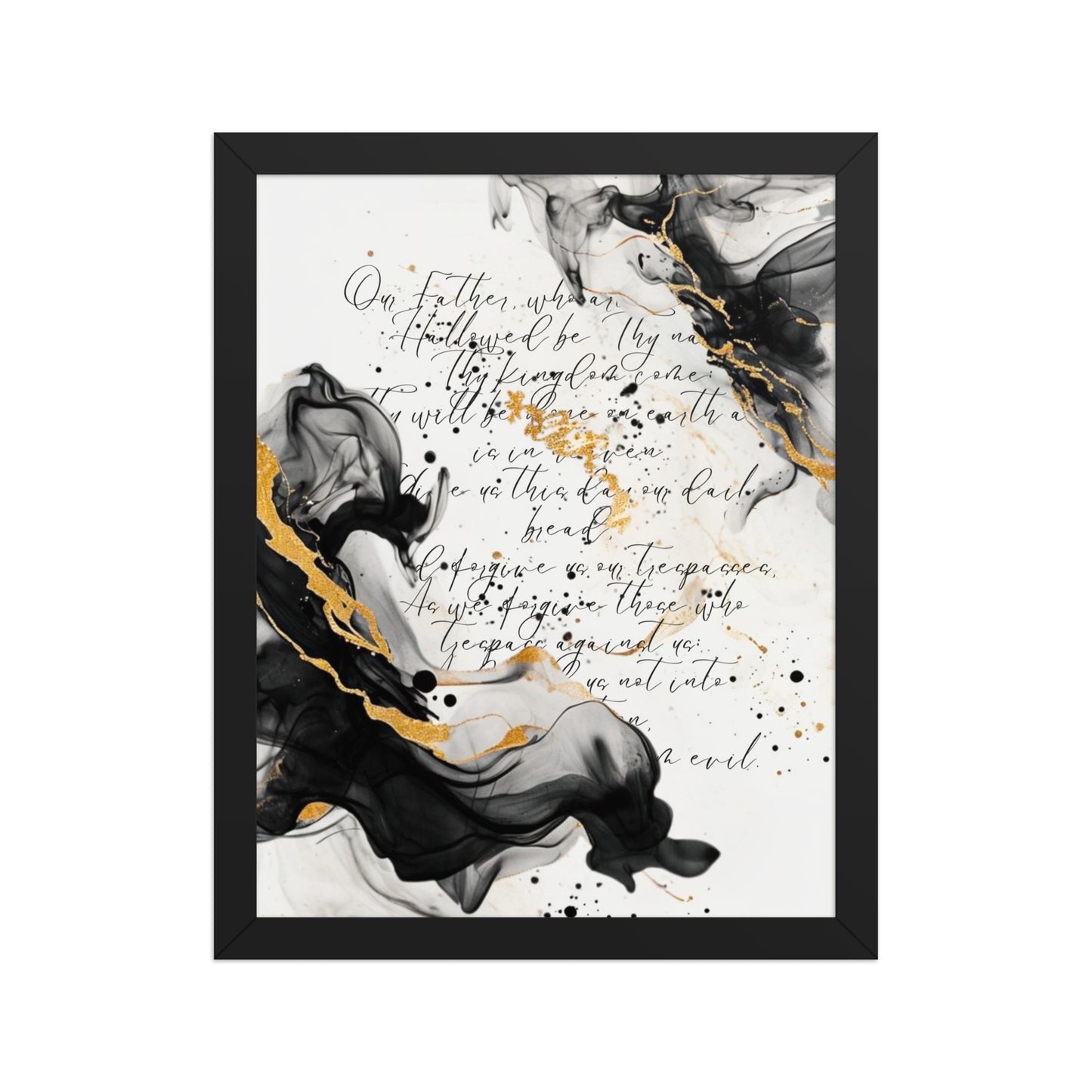 Framed scripture art poster with black and gold abstract marble design. Features the Lord's Prayer in elegant calligraphy. Ideal for religious home decor and inspirational wall art.