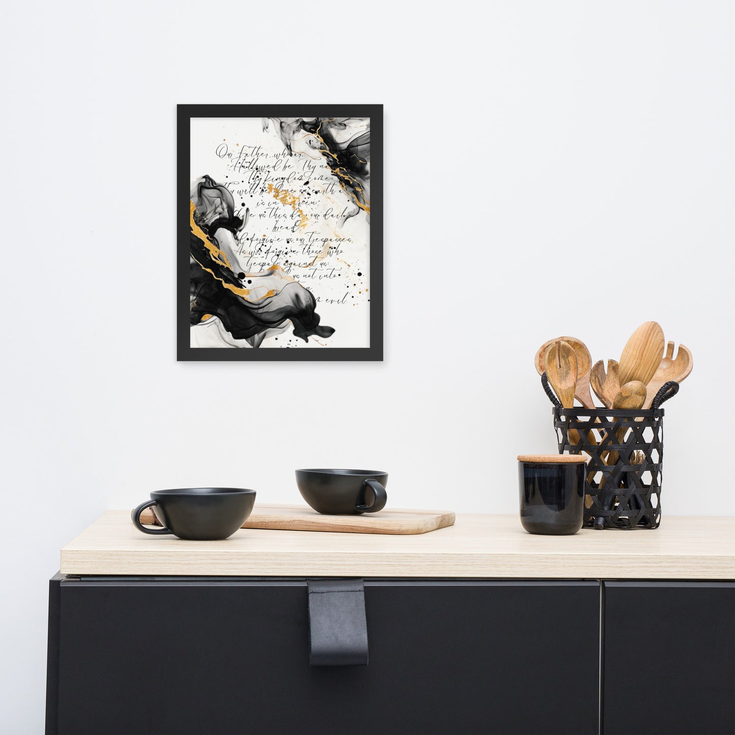 Framed scripture art poster with black and gold abstract marble design. Features the Lord's Prayer in elegant calligraphy. Ideal for religious home decor and inspirational wall art.