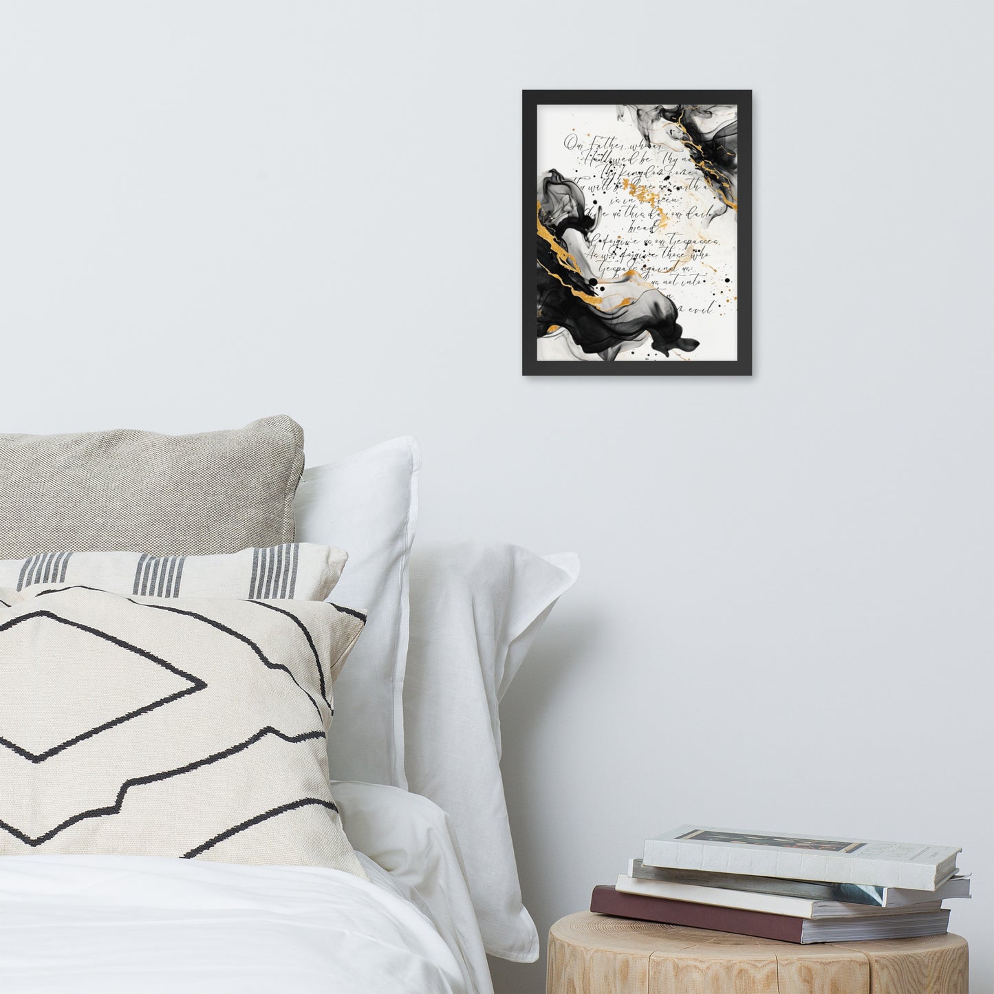 Framed scripture art poster with black and gold abstract marble design. Features the Lord's Prayer in elegant calligraphy. Ideal for religious home decor and inspirational wall art.