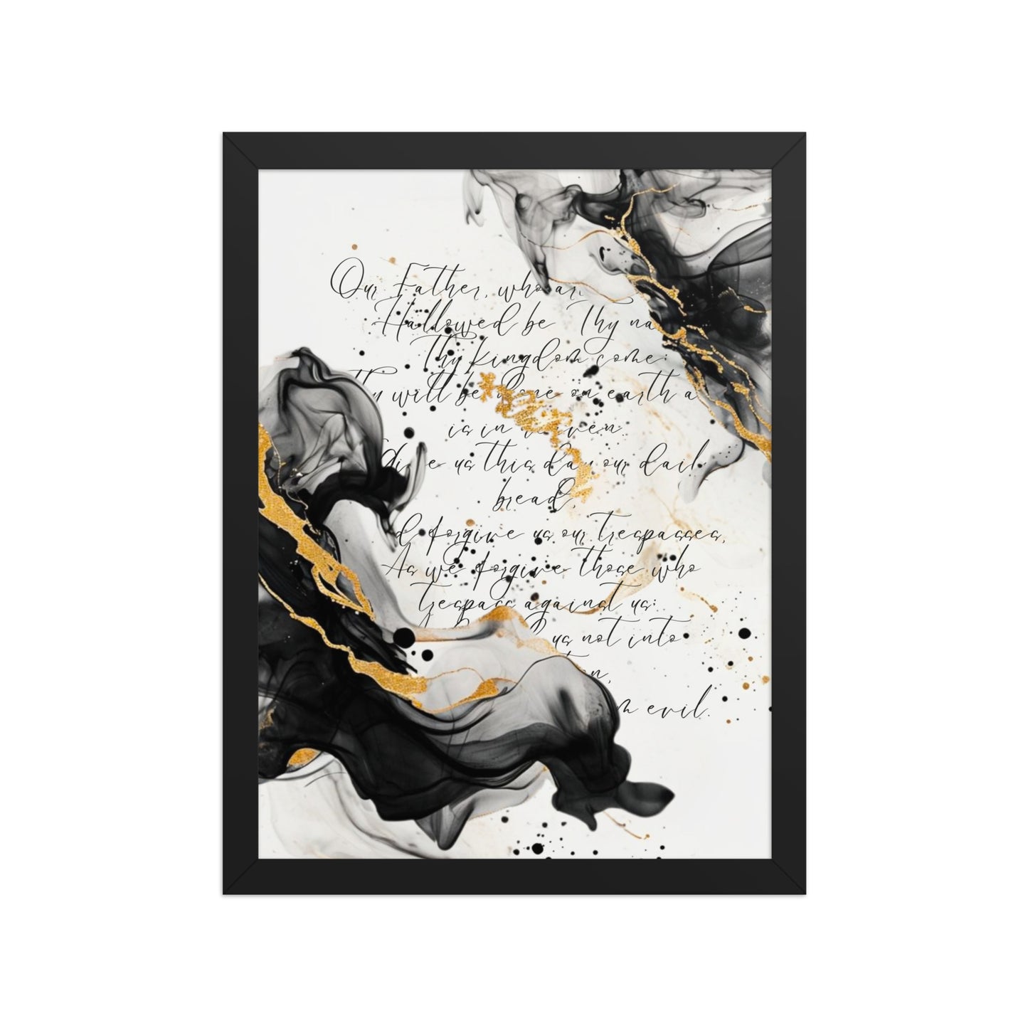 Framed scripture art poster with black and gold abstract marble design. Features the Lord's Prayer in elegant calligraphy. Ideal for religious home decor and inspirational wall art.