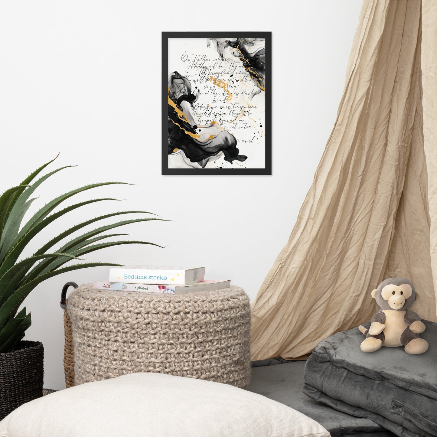 Framed scripture art poster with black and gold abstract marble design. Features the Lord's Prayer in elegant calligraphy. Ideal for religious home decor and inspirational wall art.