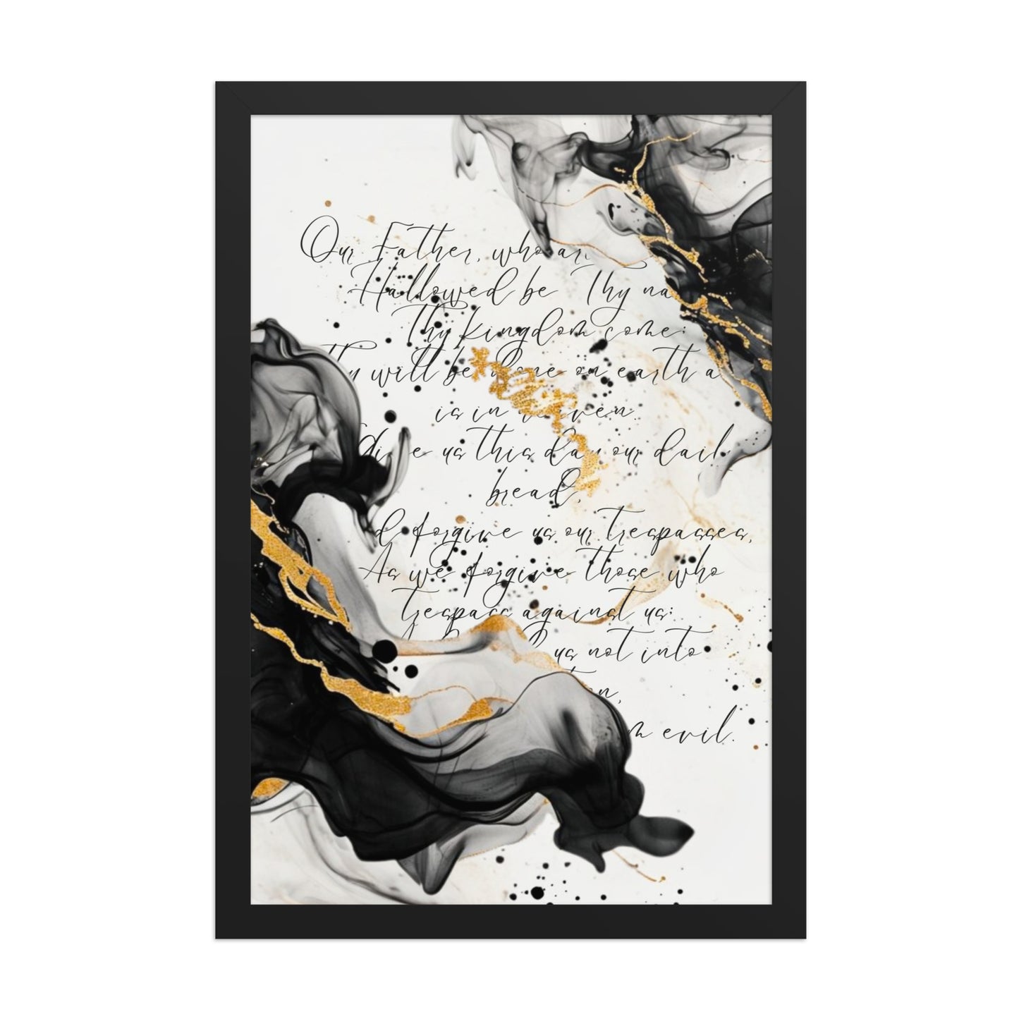 Framed scripture art poster with black and gold abstract marble design. Features the Lord's Prayer in elegant calligraphy. Ideal for religious home decor and inspirational wall art.