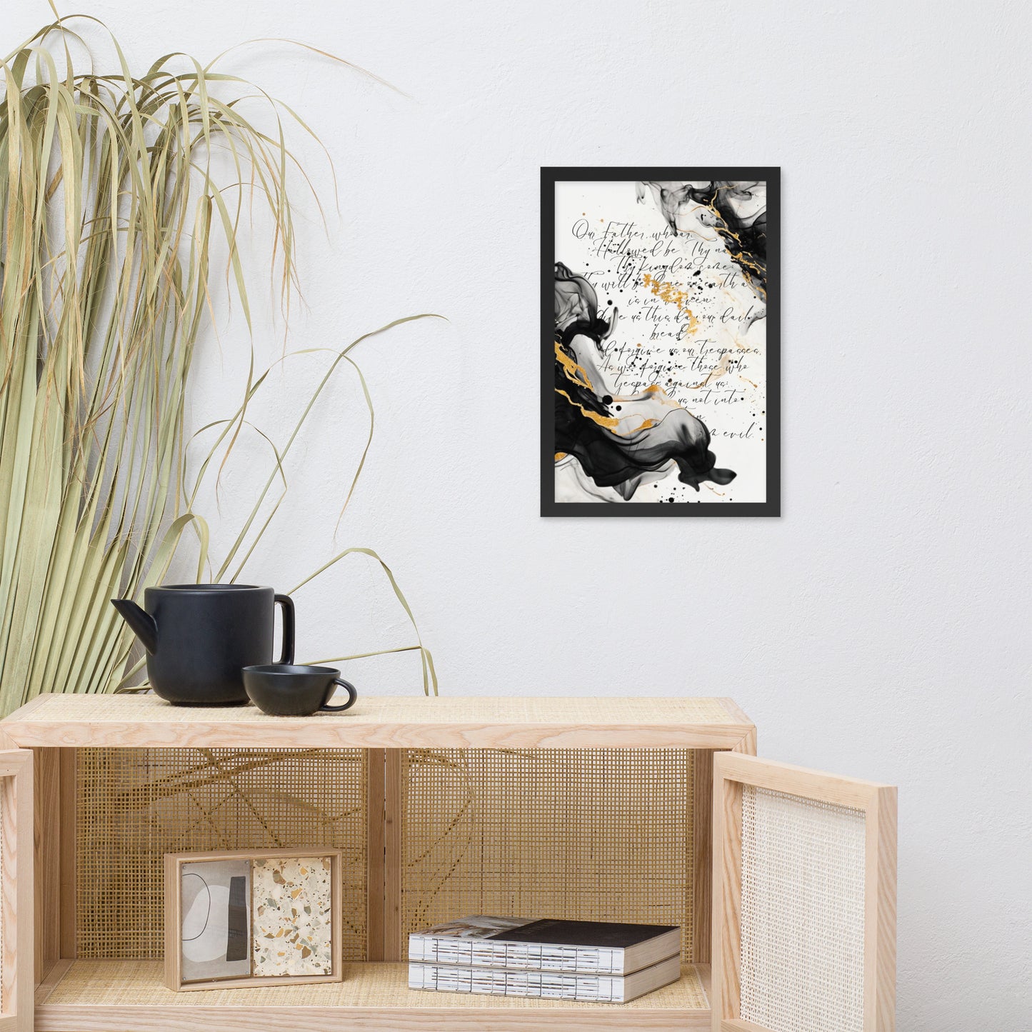 Framed scripture art poster with black and gold abstract marble design. Features the Lord's Prayer in elegant calligraphy. Ideal for religious home decor and inspirational wall art.