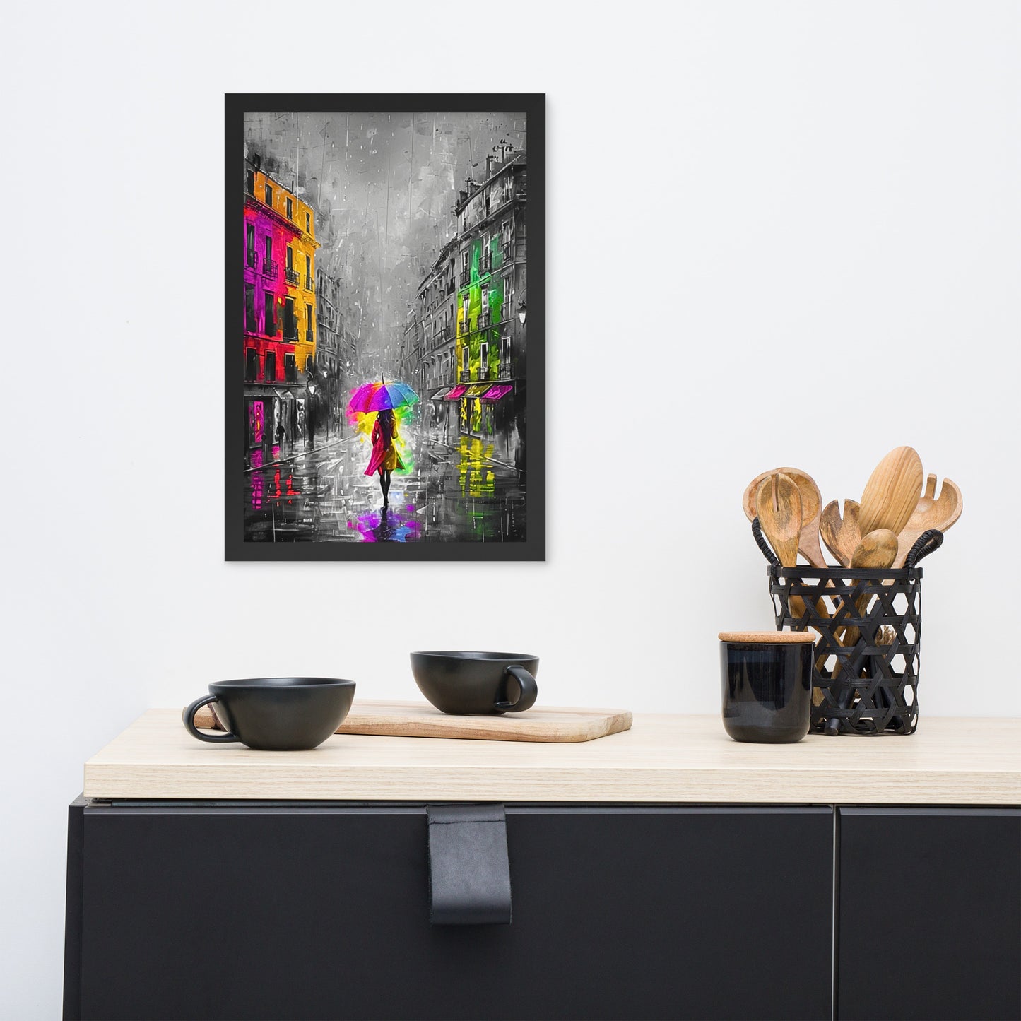 Black framed "{{product-type}}" featuring an abstract black and white portrait with splashes of gold. The "{{title}}" design is an elegant and modern piece of art for inner peace.