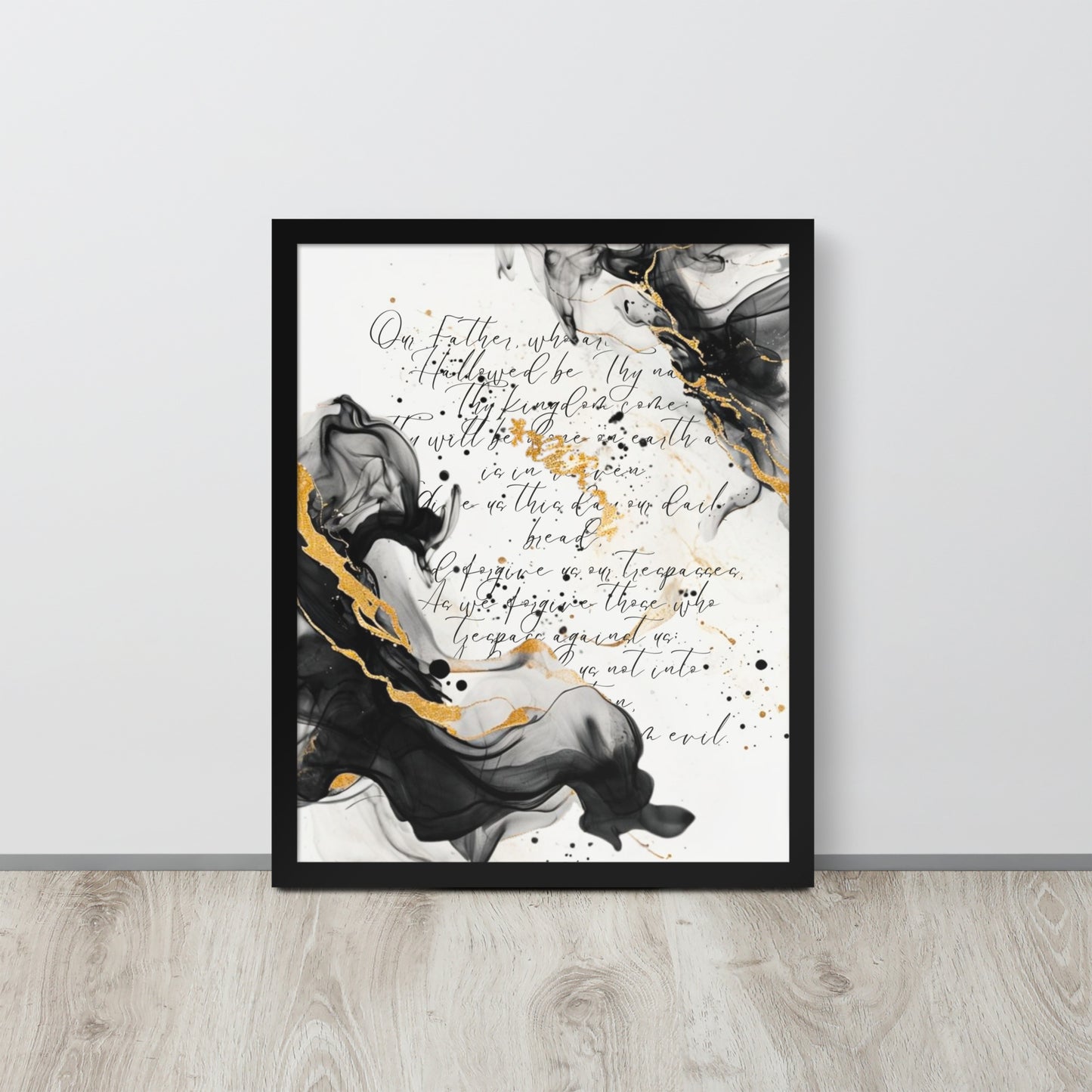 Framed scripture art poster with black and gold abstract marble design. Features the Lord's Prayer in elegant calligraphy. Ideal for religious home decor and inspirational wall art.