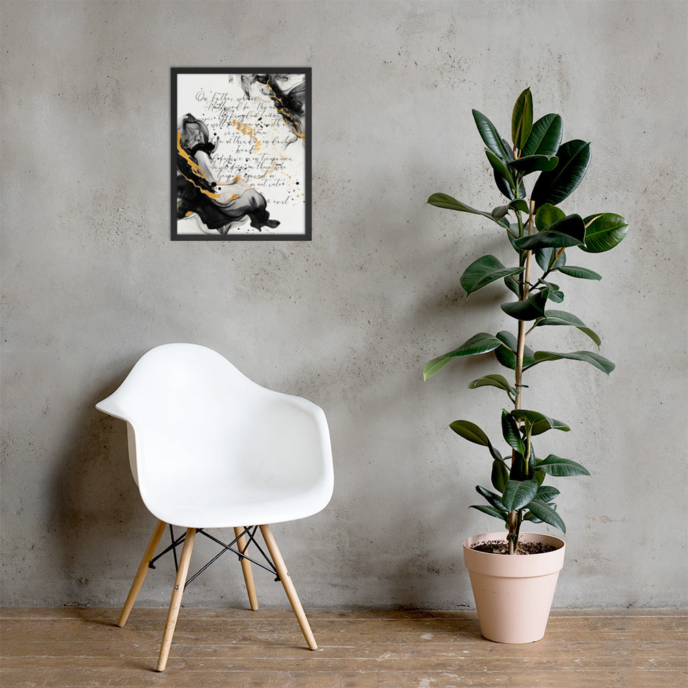 Framed scripture art poster with black and gold abstract marble design. Features the Lord's Prayer in elegant calligraphy. Ideal for religious home decor and inspirational wall art.