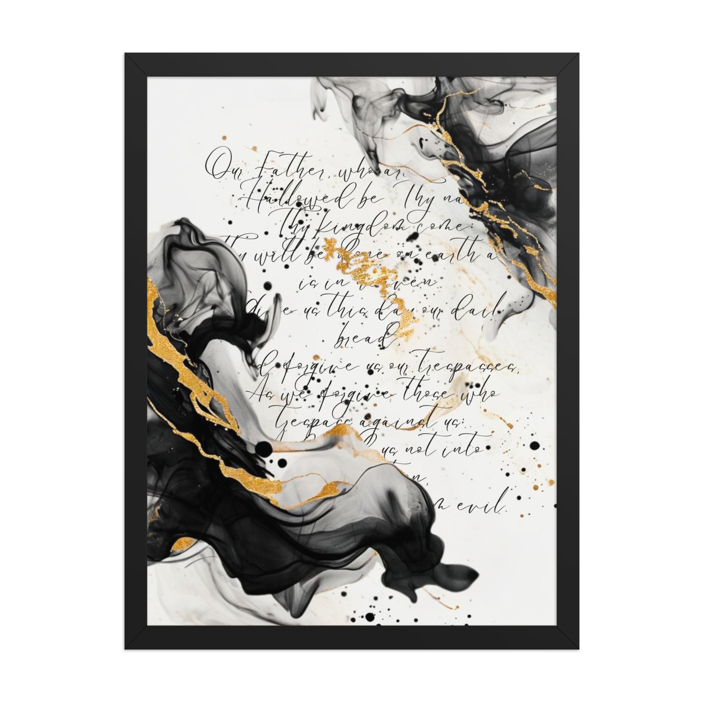 Framed scripture art poster with black and gold abstract marble design. Features the Lord's Prayer in elegant calligraphy. Ideal for religious home decor and inspirational wall art.
