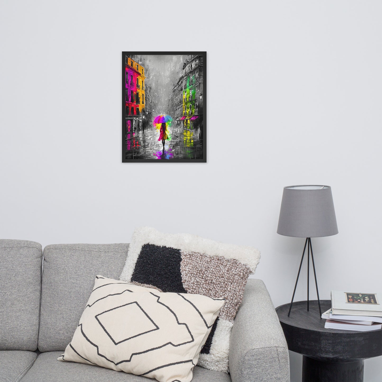 Black framed "{{product-type}}" featuring an abstract black and white portrait with splashes of gold. The "{{title}}" design is an elegant and modern piece of art for inner peace.