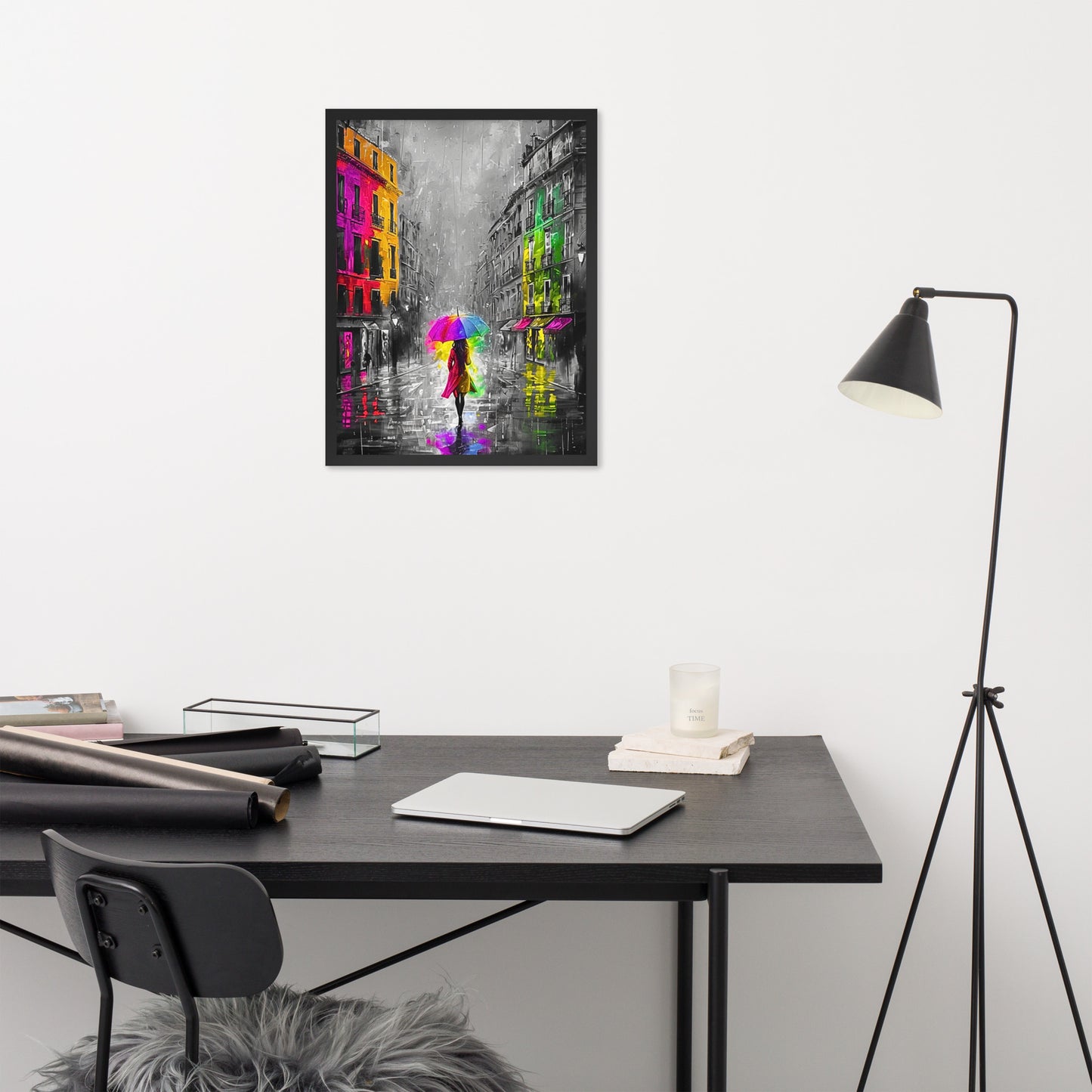 Black framed "{{product-type}}" featuring an abstract black and white portrait with splashes of gold. The "{{title}}" design is an elegant and modern piece of art for inner peace.