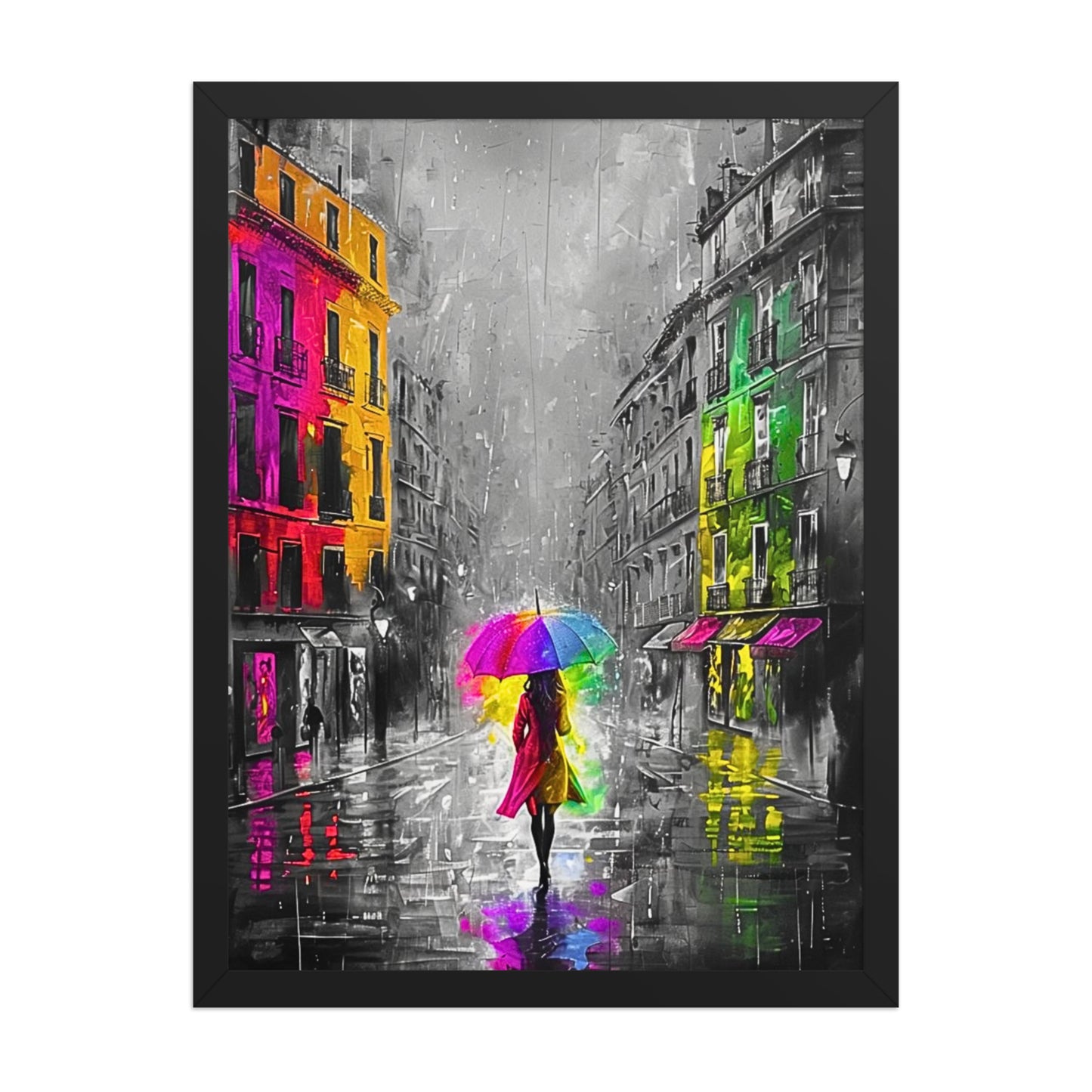 Black framed "{{product-type}}" featuring an abstract black and white portrait with splashes of gold. The "{{title}}" design is an elegant and modern piece of art for inner peace.