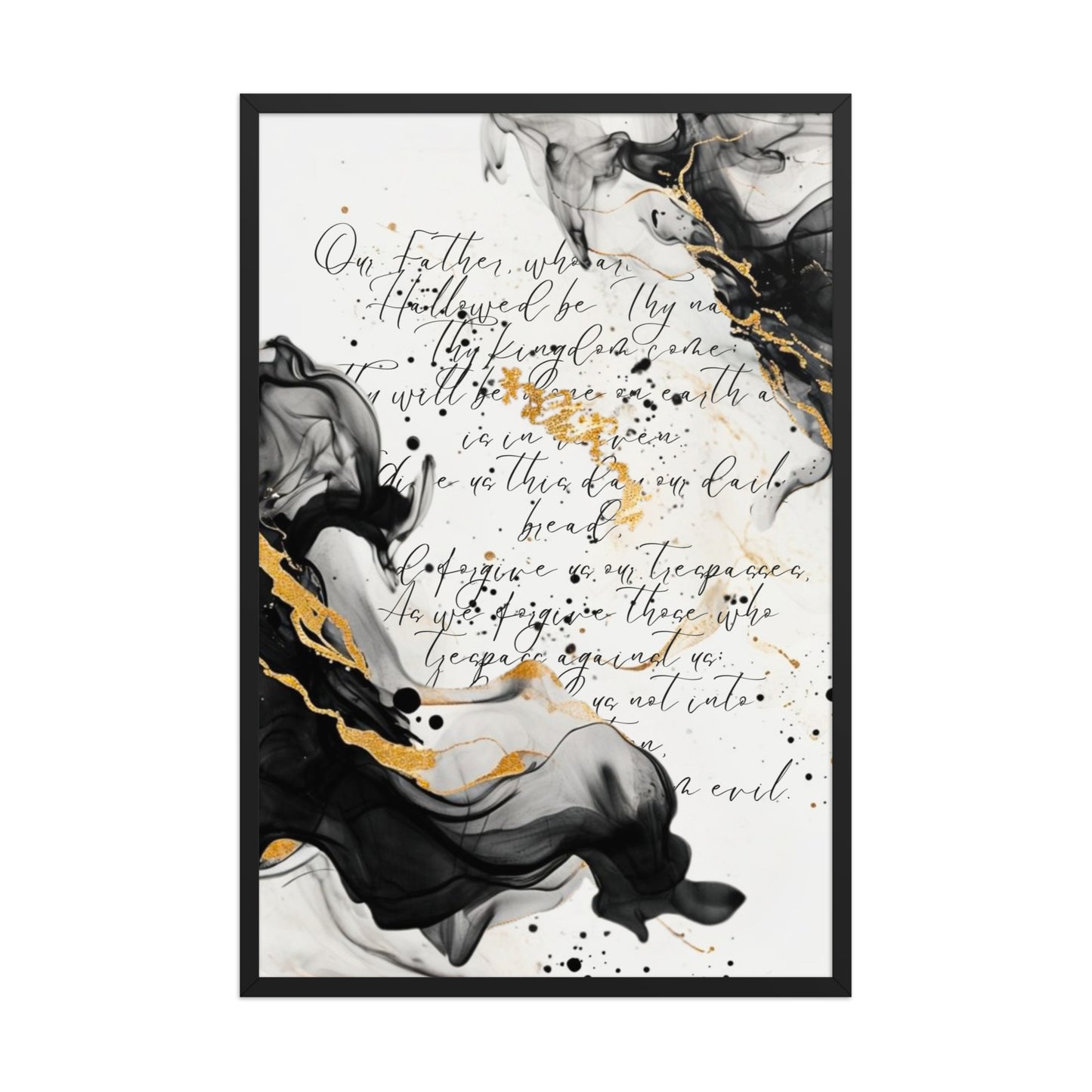 Framed scripture art poster with black and gold abstract marble design. Features the Lord's Prayer in elegant calligraphy. Ideal for religious home decor and inspirational wall art.