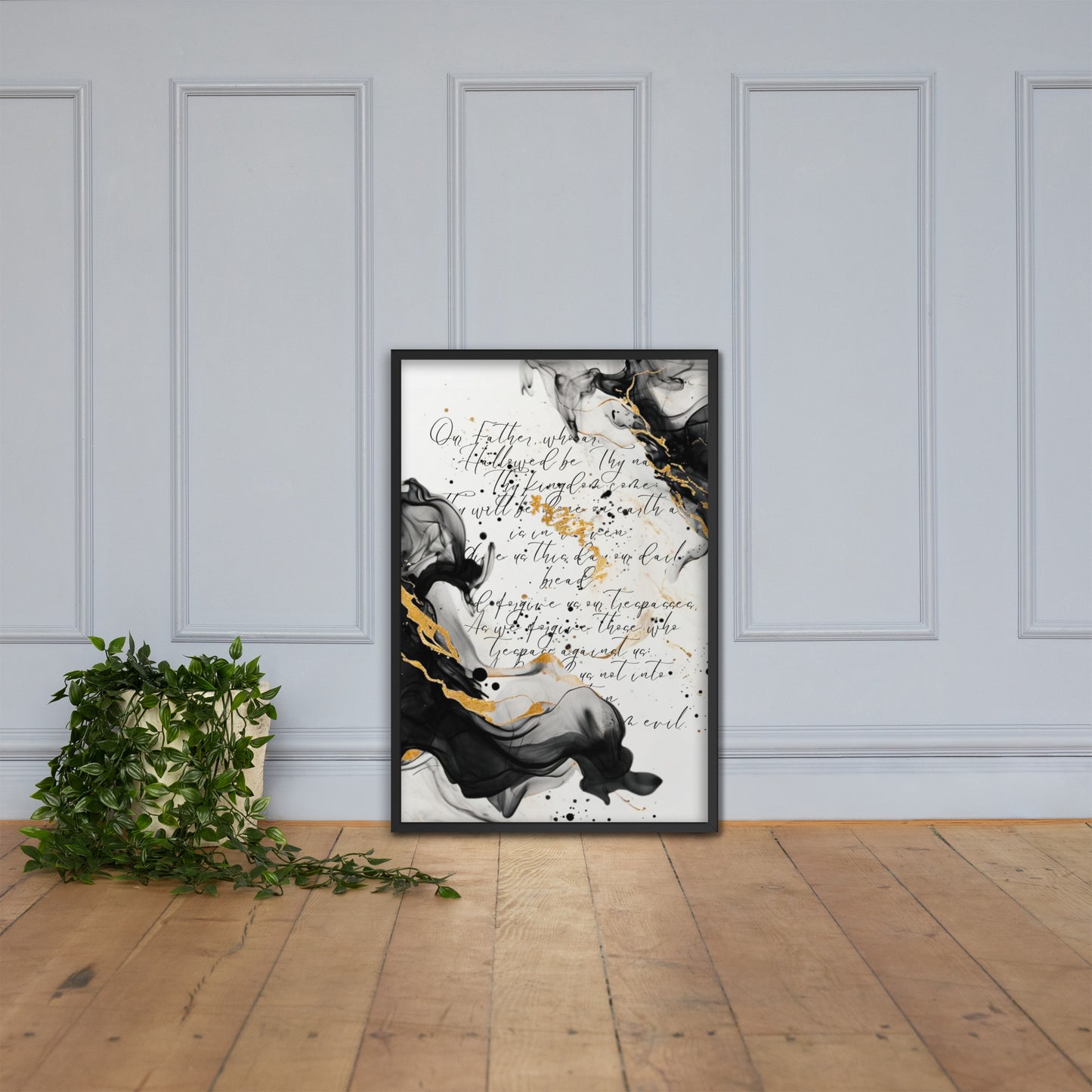 Framed scripture art poster with black and gold abstract marble design. Features the Lord's Prayer in elegant calligraphy. Ideal for religious home decor and inspirational wall art.