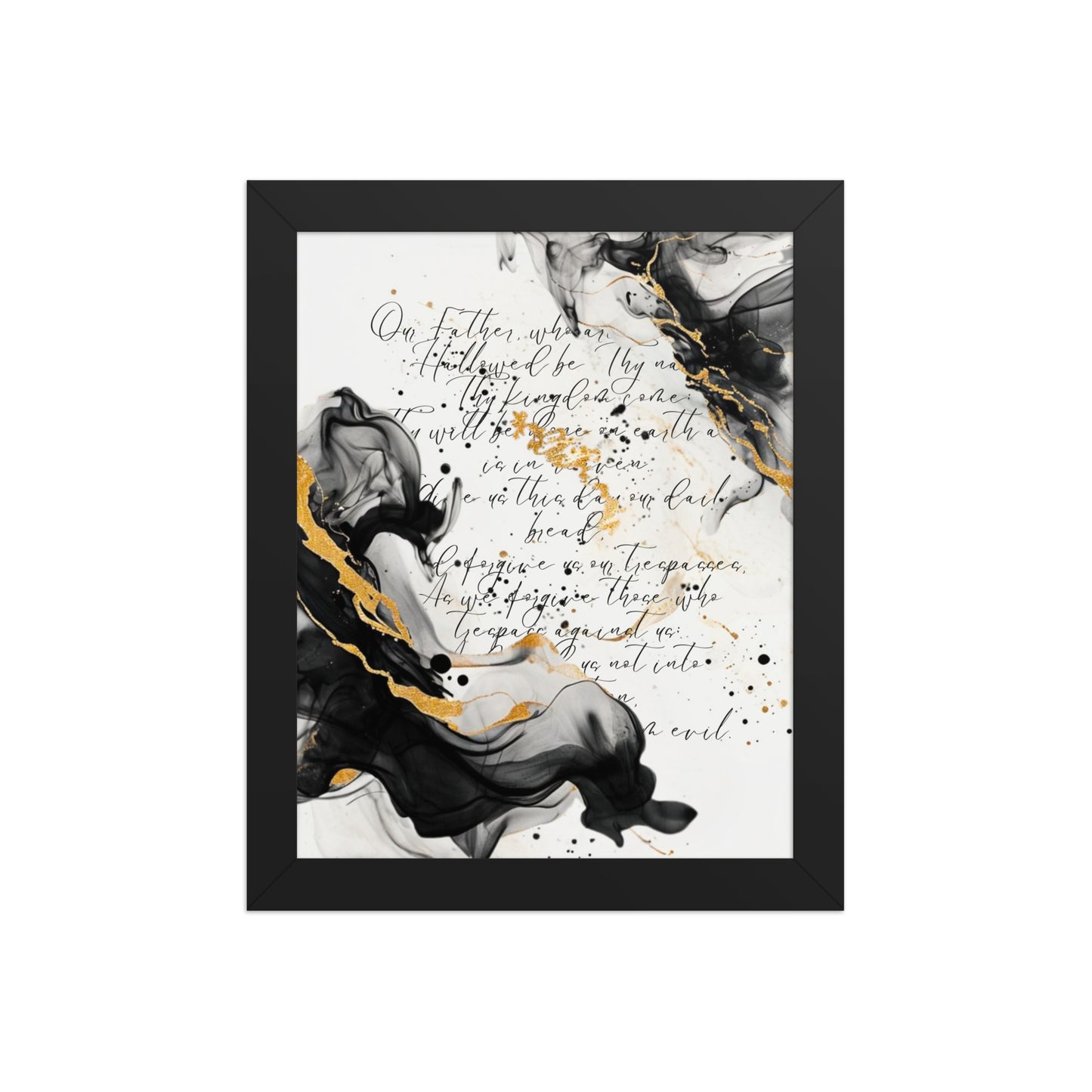 Framed scripture art poster with black and gold abstract marble design. Features the Lord's Prayer in elegant calligraphy. Ideal for religious home decor and inspirational wall art.