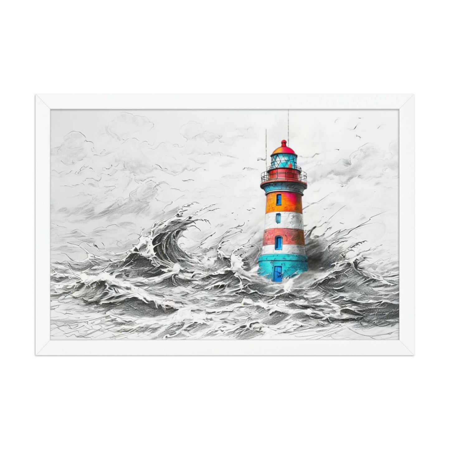 Framed "{{product-type}}" featuring a colourful lighthouse in a stormy sea, symbolising strength and resilience. The "{{title}}" design is an inspirational piece of coastal wall art.