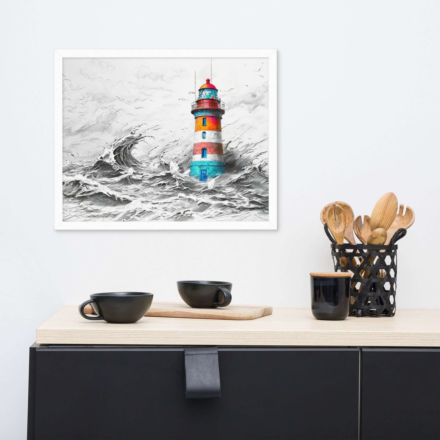 Framed "{{product-type}}" featuring a colourful lighthouse in a stormy sea, symbolising strength and resilience. The "{{title}}" design is an inspirational piece of coastal wall art.