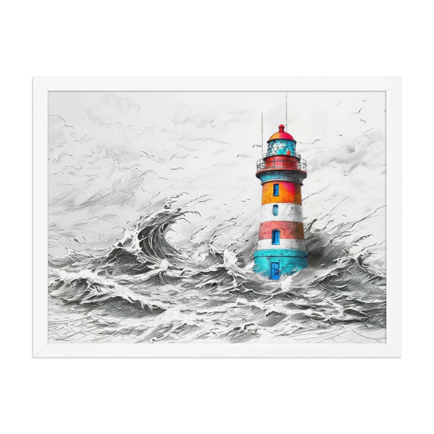 Framed "{{product-type}}" featuring a colourful lighthouse in a stormy sea, symbolising strength and resilience. The "{{title}}" design is an inspirational piece of coastal wall art.