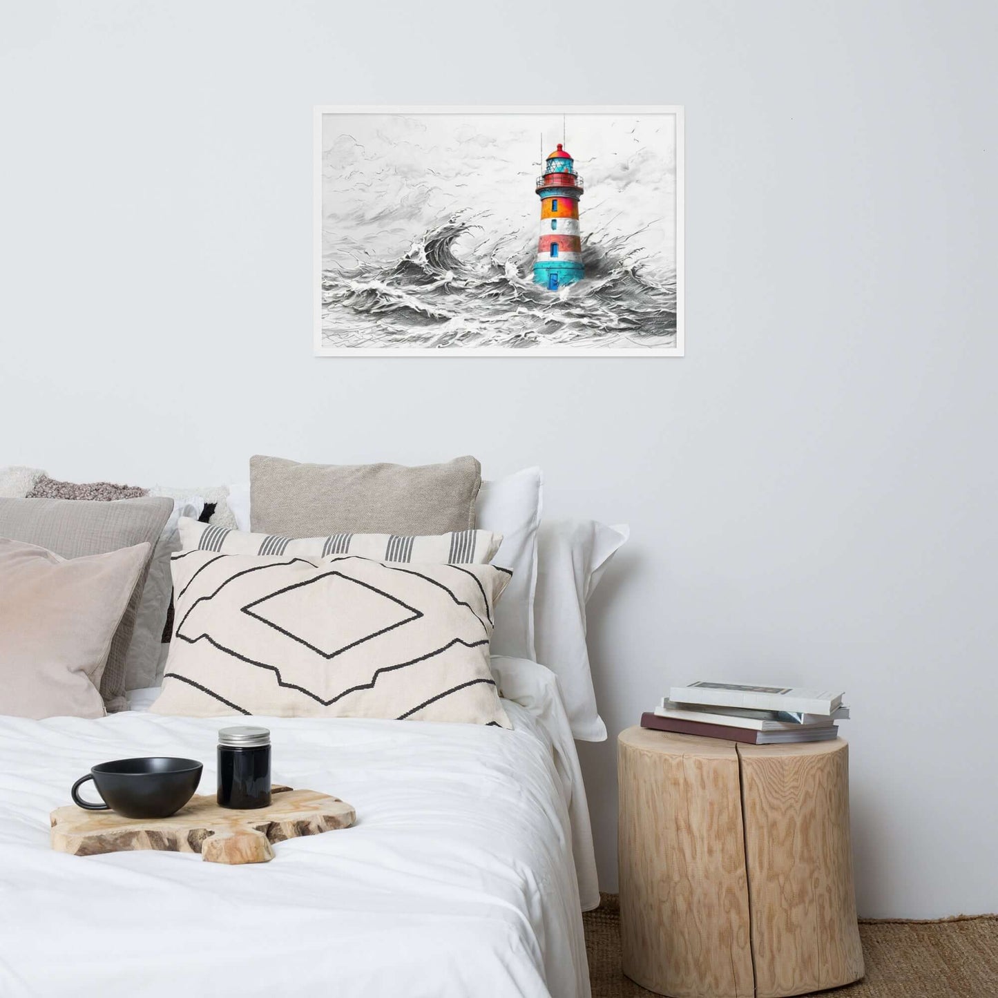 Framed "{{product-type}}" featuring a colourful lighthouse in a stormy sea, symbolising strength and resilience. The "{{title}}" design is an inspirational piece of coastal wall art.