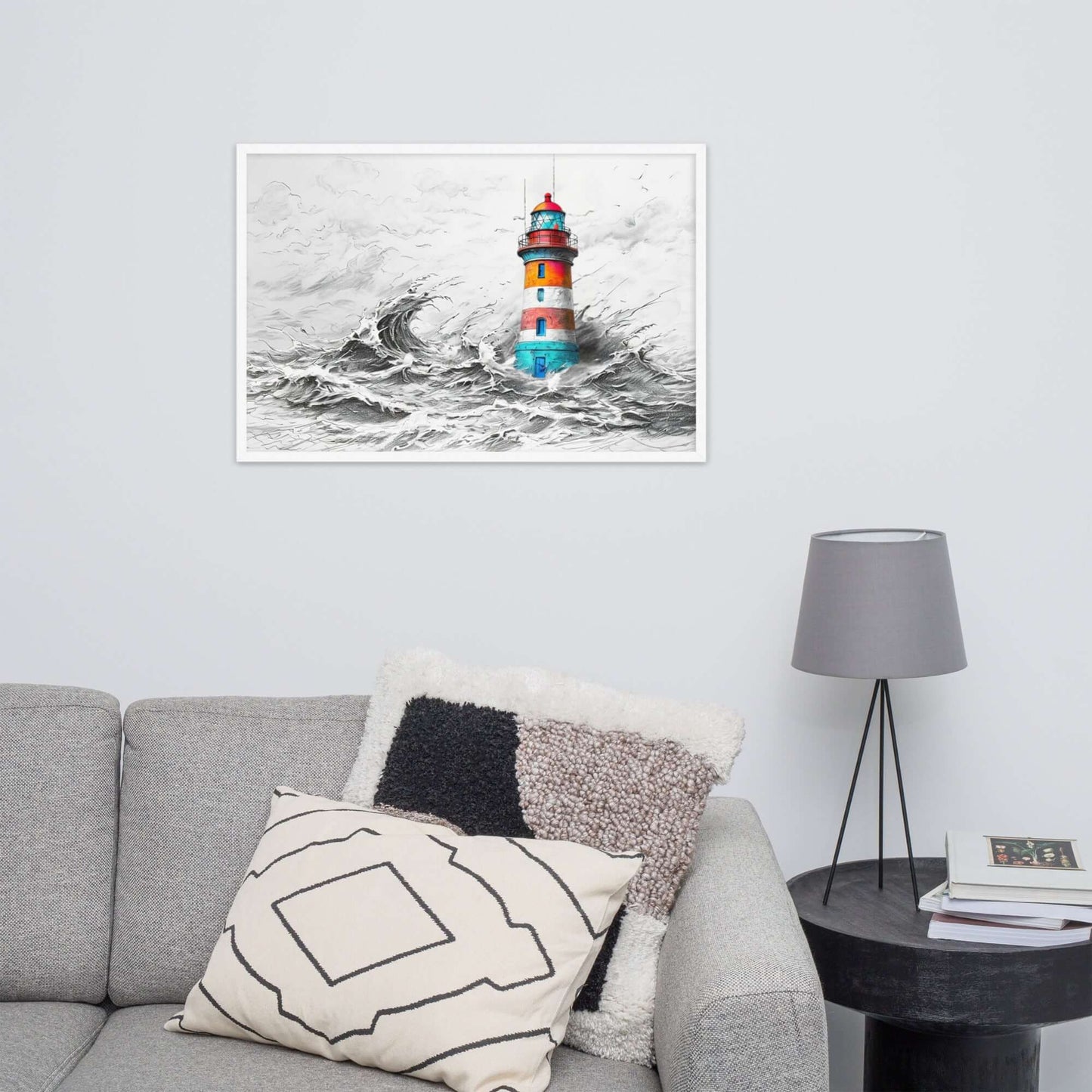 Framed "{{product-type}}" featuring a colourful lighthouse in a stormy sea, symbolising strength and resilience. The "{{title}}" design is an inspirational piece of coastal wall art.