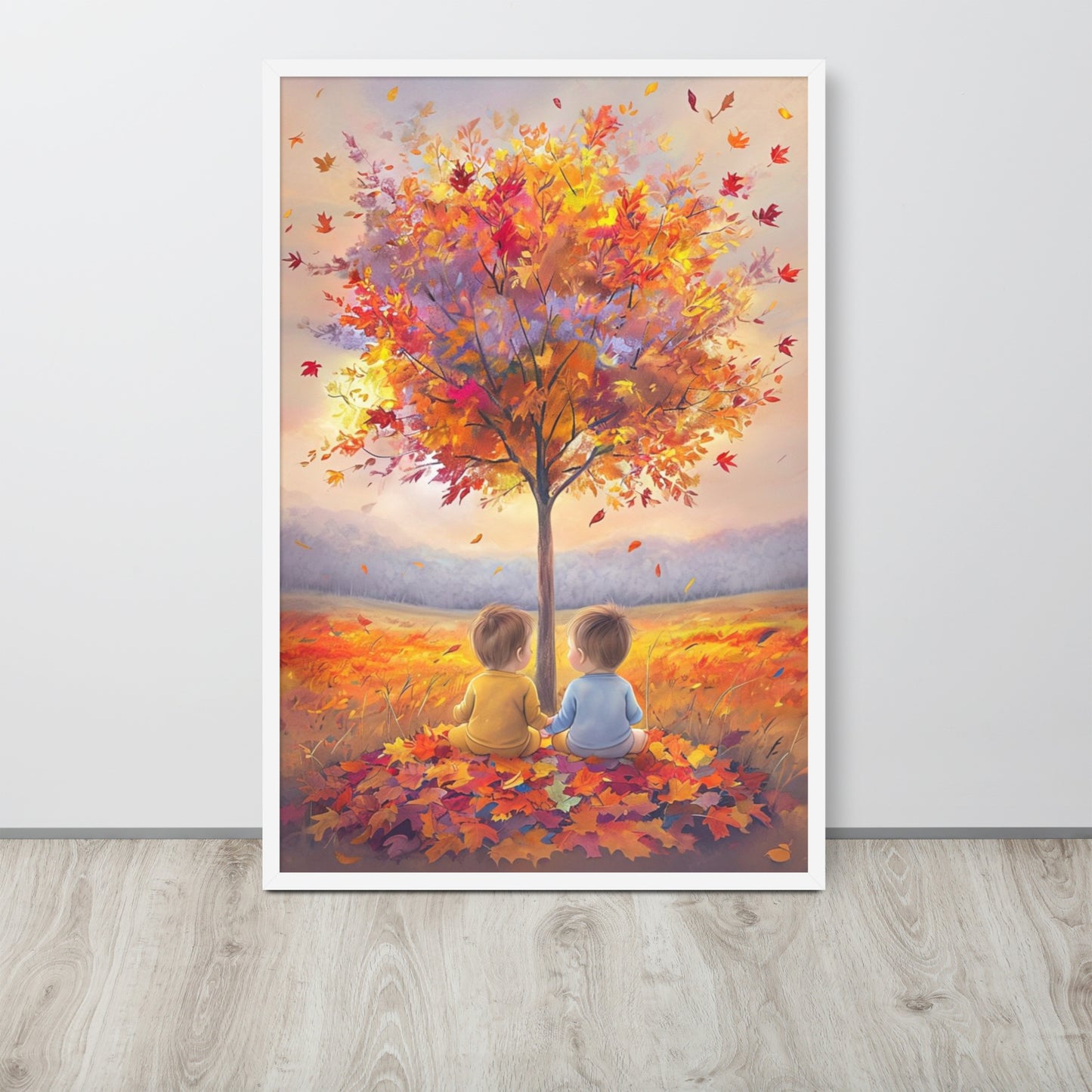 Celebrate the unique bond of twins with "Our Little Acorns," a heartwarming autumn-themed framed print. Perfect for nurseries or any family space, this art piece beautifully symbolizes growth, companionship, and the precious memories of childhood. A meaningful gift for twin parents.