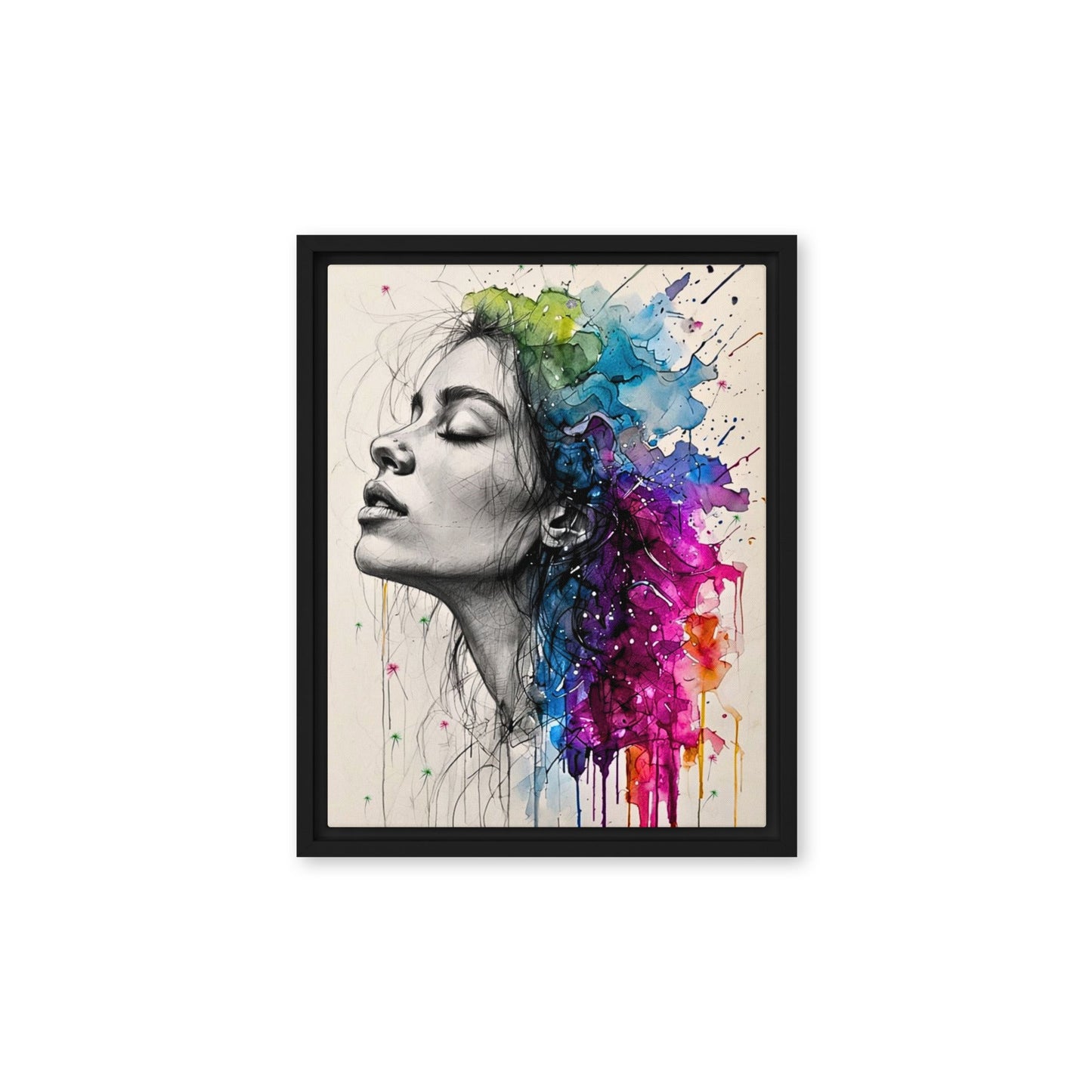 Black framed "{{product-type}}" featuring a woman's portrait with one half as a black and white sketch and the other half as an explosion of vibrant watercolour. The "{{title}}" design is a powerful piece of emotional art.