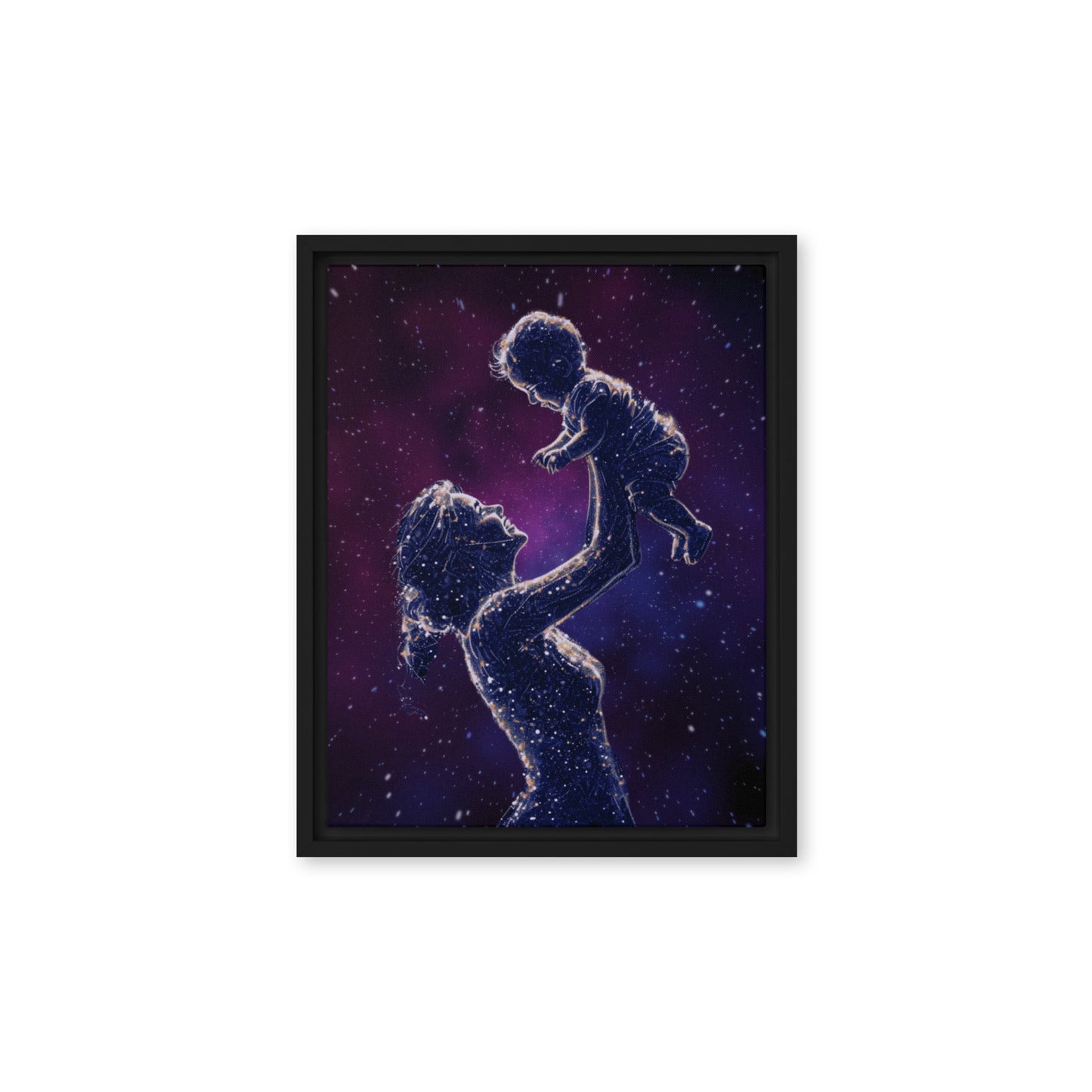 Black framed "{{product-type}}" featuring a mother's hand holding a baby's hand in a continuous line art drawing. The "{{title}}" design is a beautiful and personalised piece of emotional art.