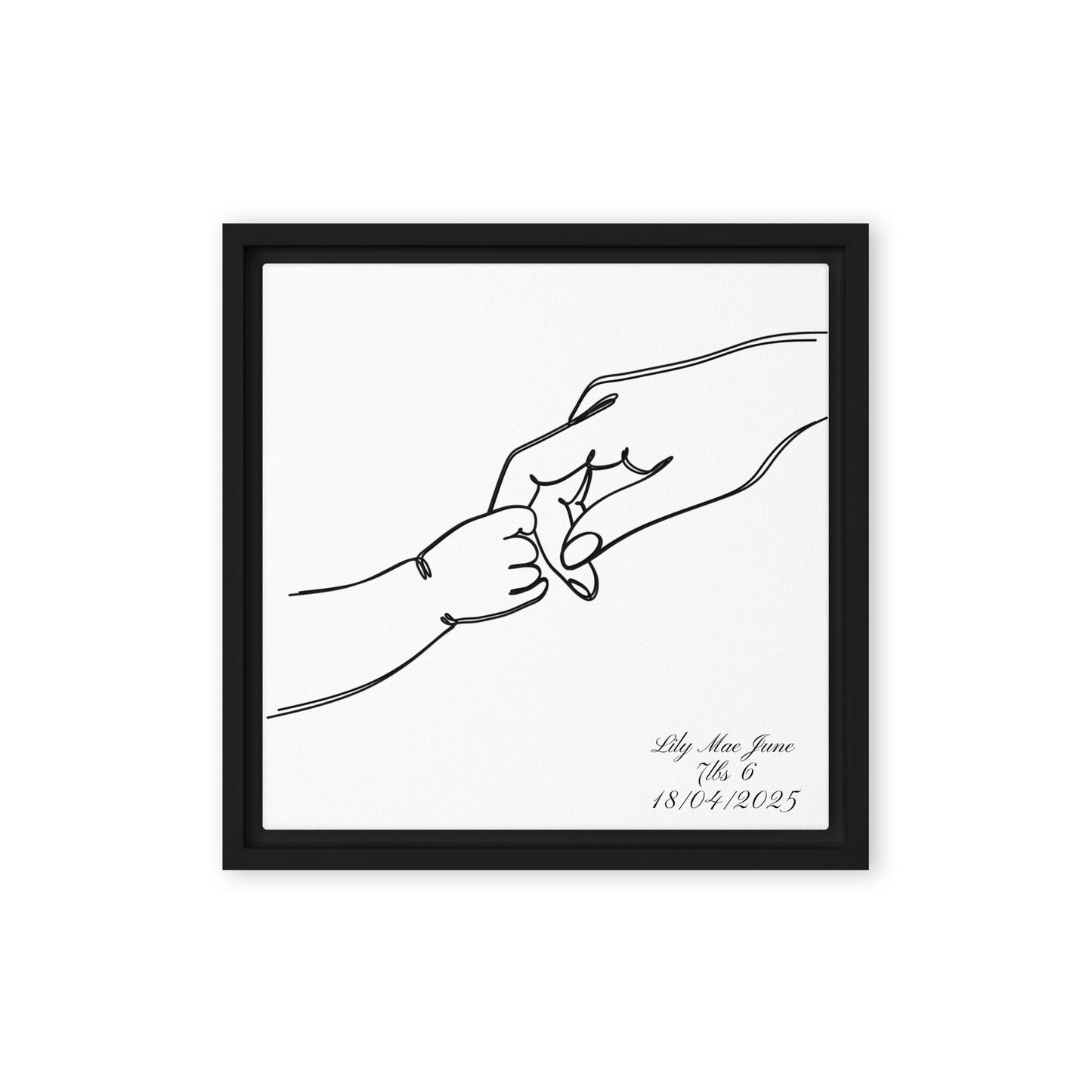 Black framed "{{product-type}}" with a personalised line art drawing of a mother's hand holding a baby's hand. The "{{title}}" design is a perfect new mum gift.