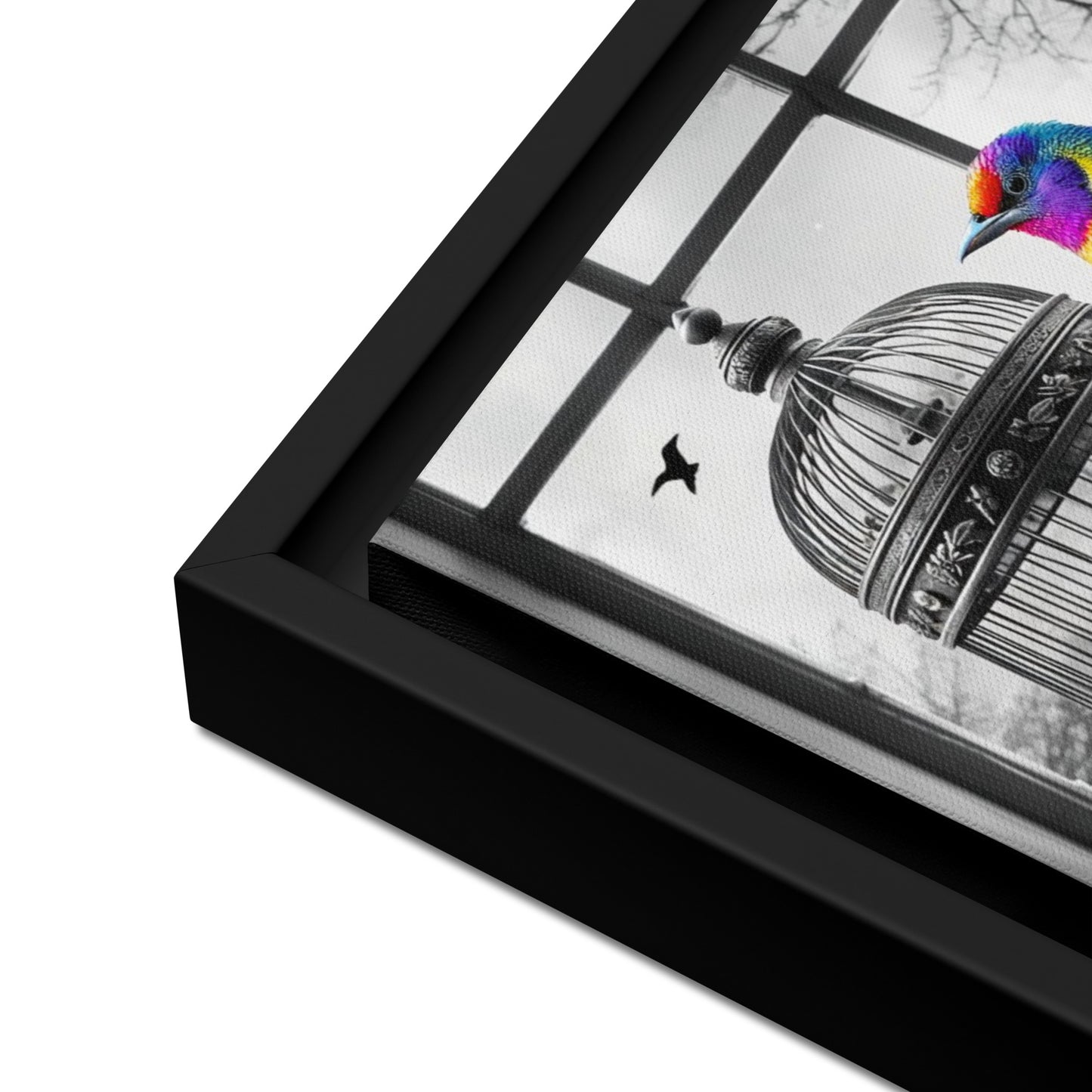 Framed canvas art print featuring a colorful rainbow bird next to a black and white birdcage. Symbolic wall decor for modern and unique home spaces.