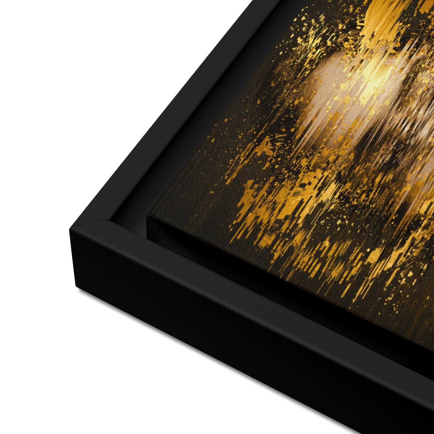 Black framed "{{product-type}}" with an abstract design of shimmering gold light on a dark background. The "{{title}}" art is a modern and calming piece for inner peace.