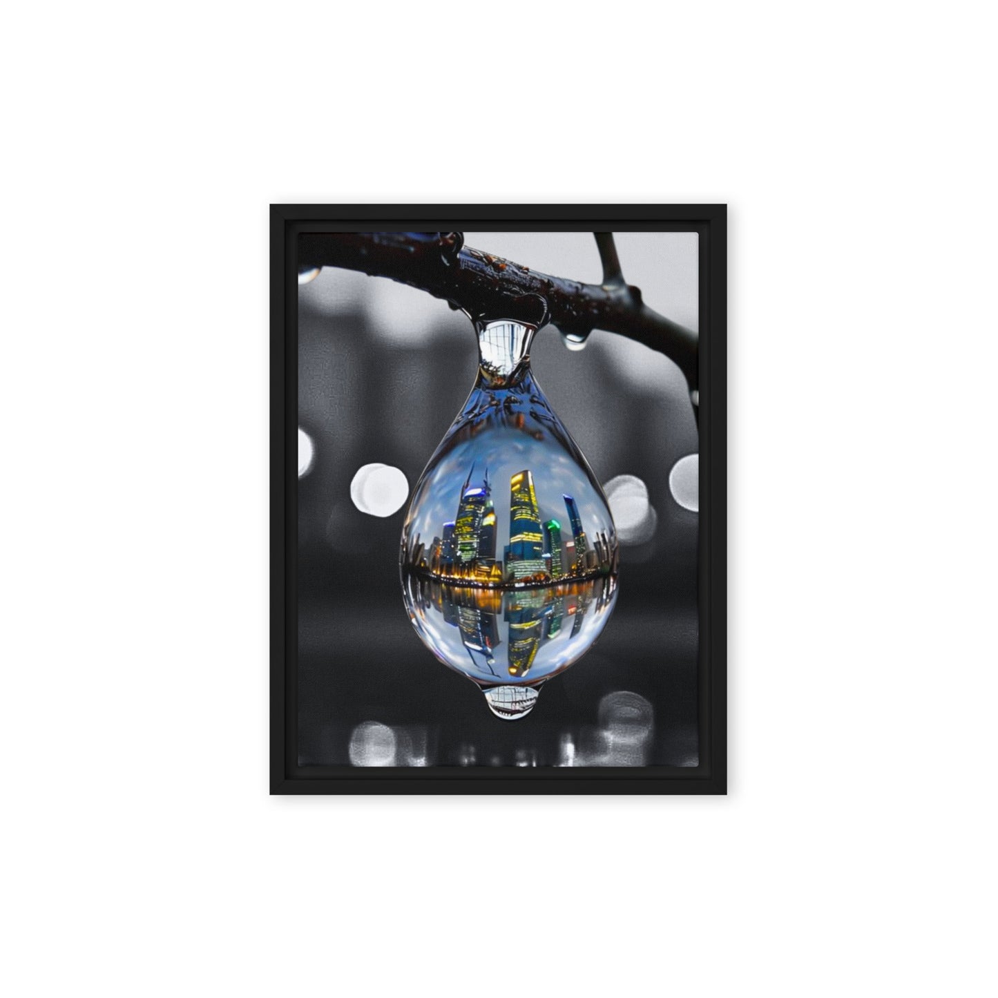 Framed canvas art print of a colorful city skyline reflected in a water droplet. Features unique abstract photography with vibrant colors against a monochrome background. Modern and stylish wall decor.