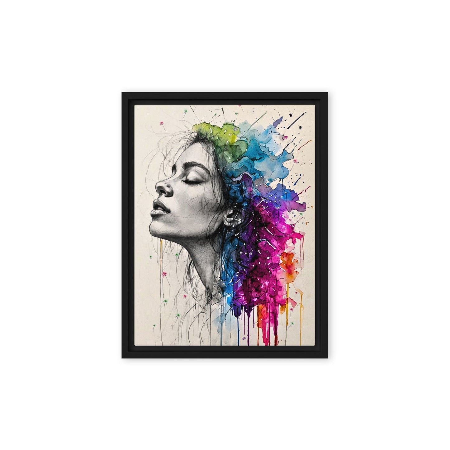 Black framed "{{product-type}}" featuring a woman's portrait with one half as a black and white sketch and the other half as an explosion of vibrant watercolour. The "{{title}}" design is a powerful piece of emotional art.