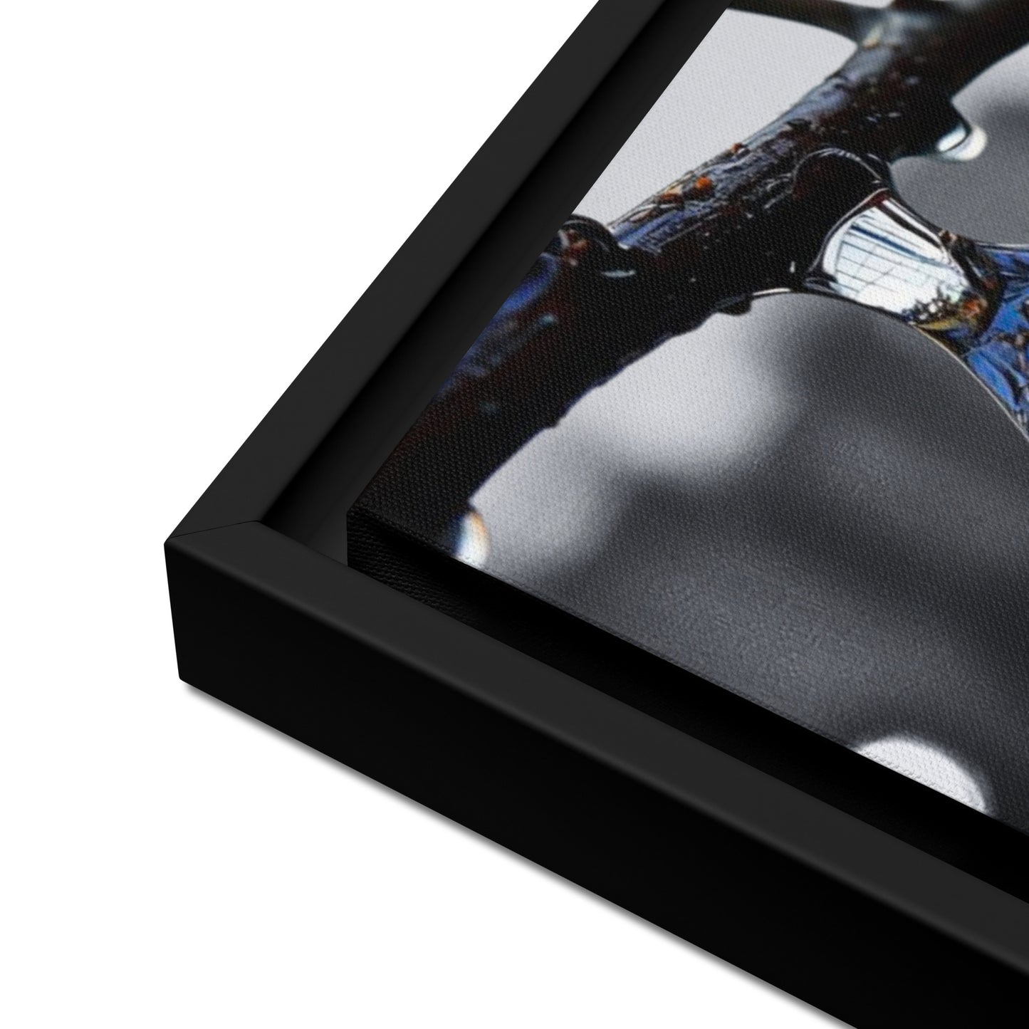 Framed canvas art print of a colorful city skyline reflected in a water droplet. Features unique abstract photography with vibrant colors against a monochrome background. Modern and stylish wall decor.