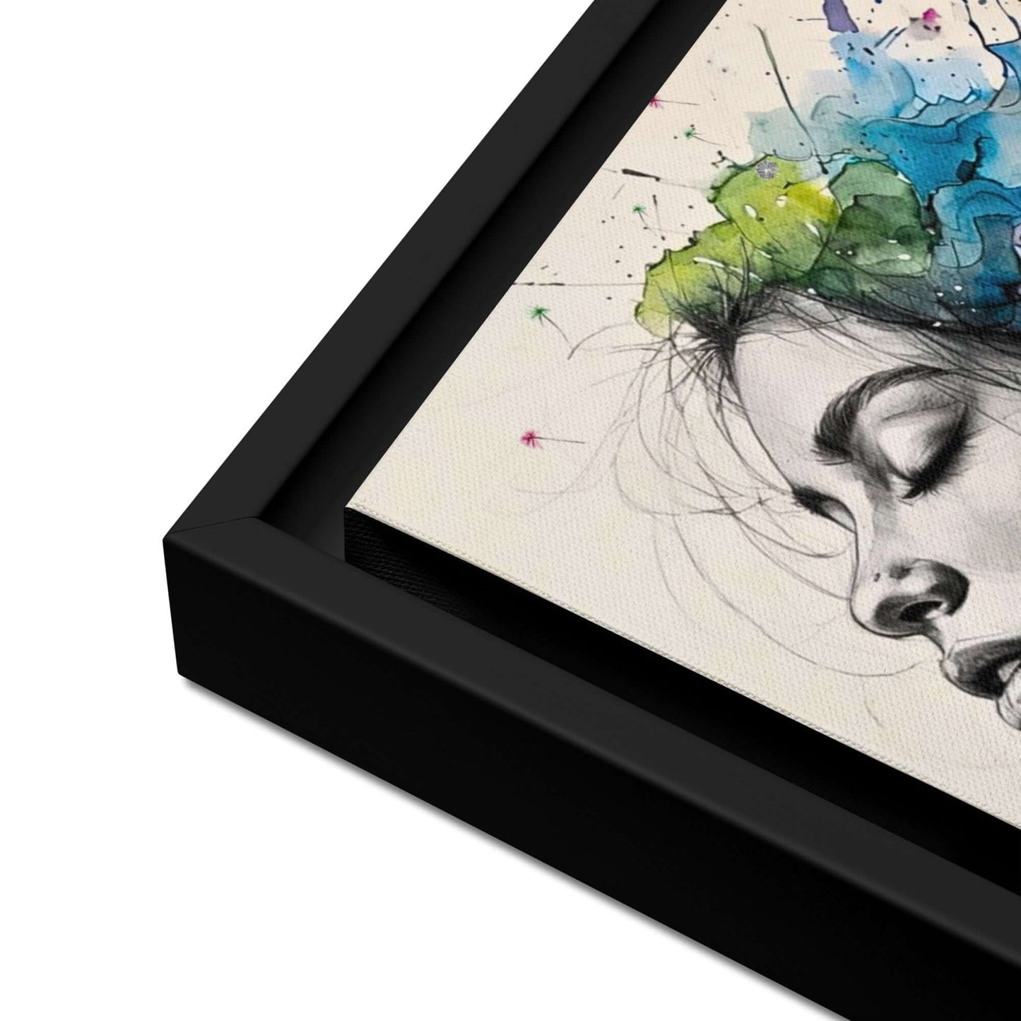 Black framed "{{product-type}}" featuring a woman's portrait with one half as a black and white sketch and the other half as an explosion of vibrant watercolour. The "{{title}}" design is a powerful piece of emotional art.