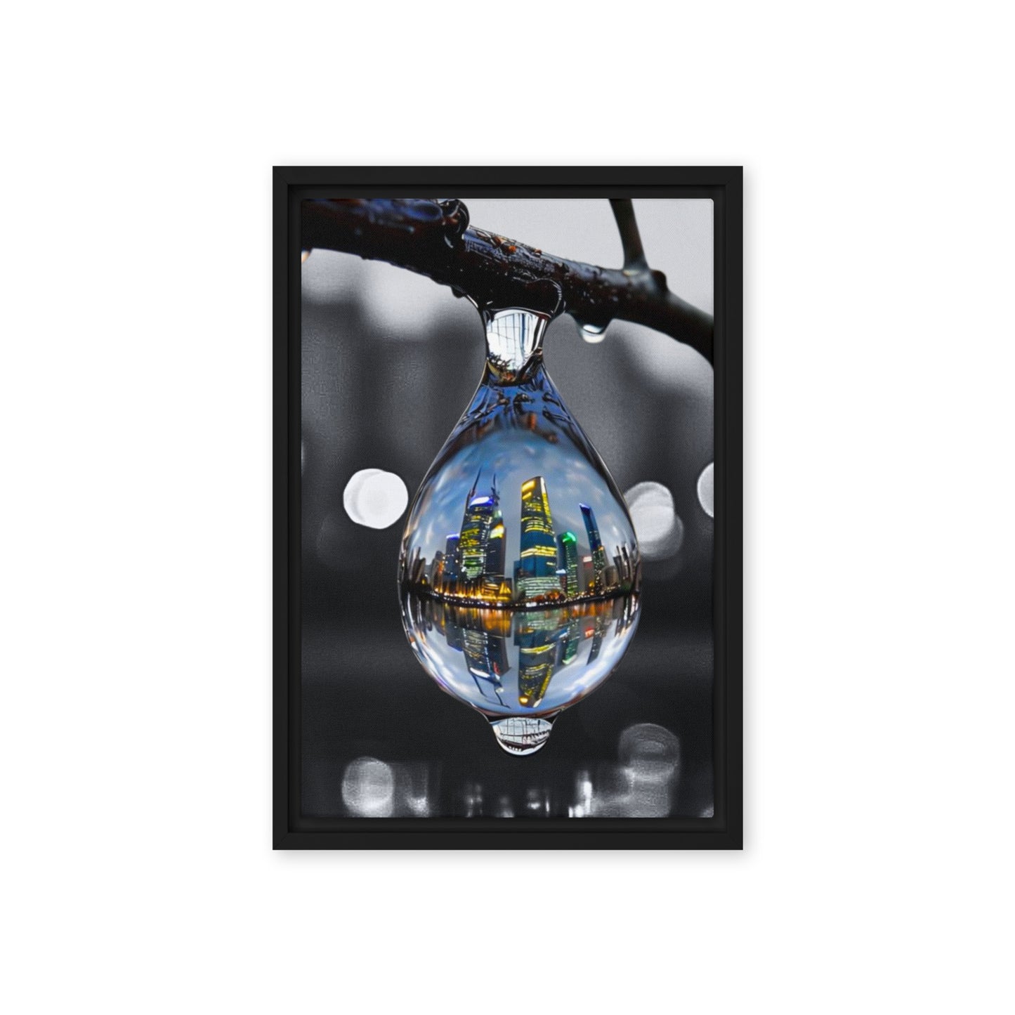 Framed canvas art print of a colorful city skyline reflected in a water droplet. Features unique abstract photography with vibrant colors against a monochrome background. Modern and stylish wall decor.