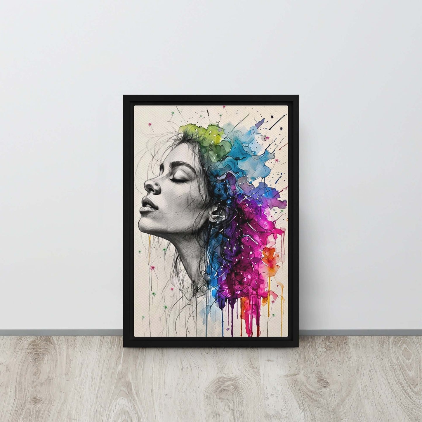 Black framed "{{product-type}}" featuring a woman's portrait with one half as a black and white sketch and the other half as an explosion of vibrant watercolour. The "{{title}}" design is a powerful piece of emotional art.