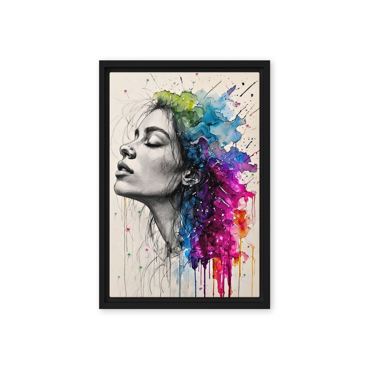 Black framed "{{product-type}}" featuring a woman's portrait with one half as a black and white sketch and the other half as an explosion of vibrant watercolour. The "{{title}}" design is a powerful piece of emotional art.