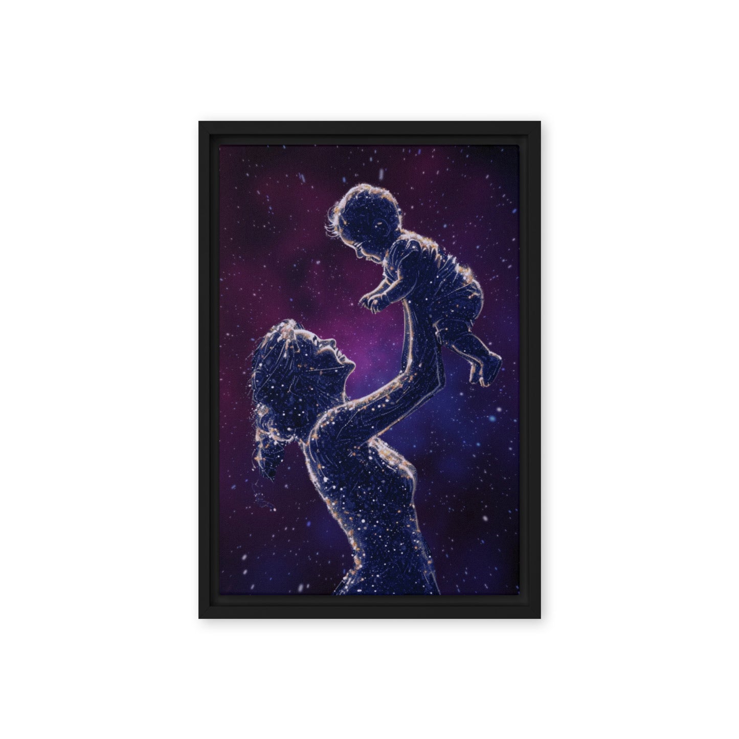 Black framed "{{product-type}}" featuring a mother's hand holding a baby's hand in a continuous line art drawing. The "{{title}}" design is a beautiful and personalised piece of emotional art.