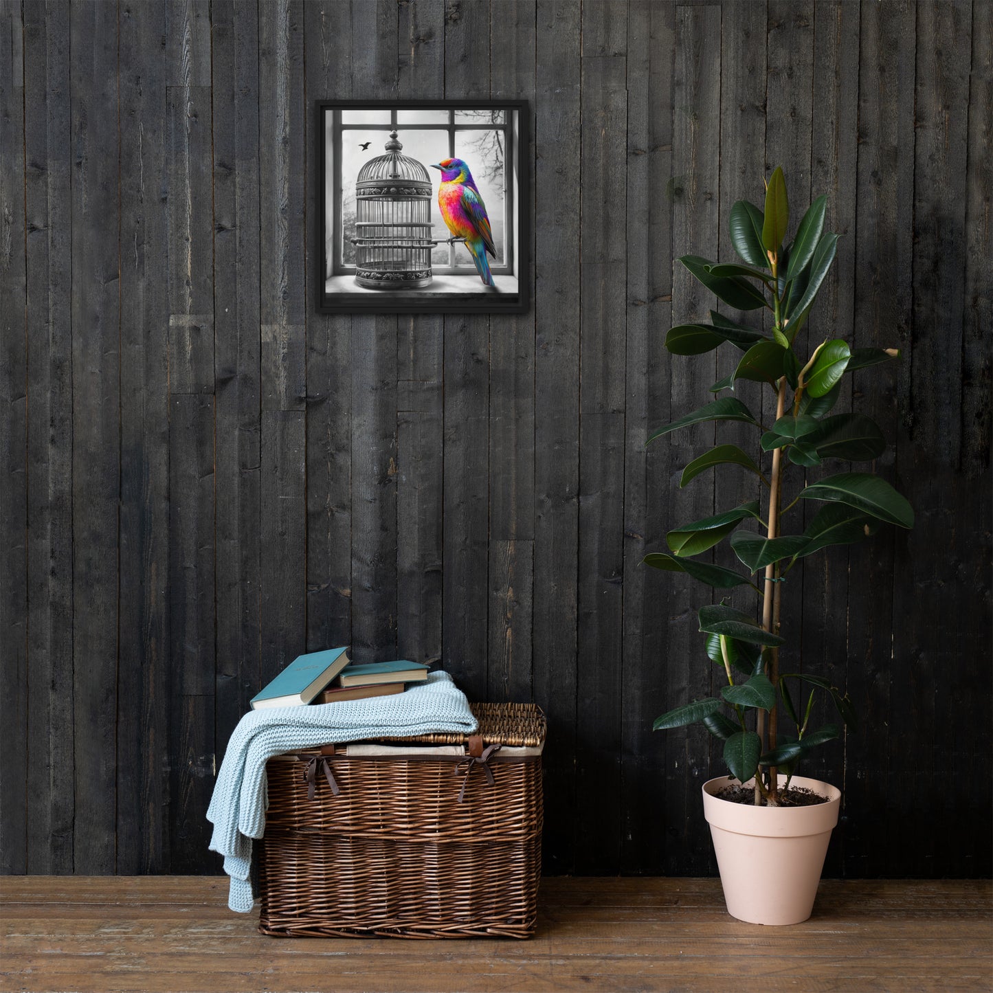Framed canvas art print featuring a colorful rainbow bird next to a black and white birdcage. Symbolic wall decor for modern and unique home spaces.