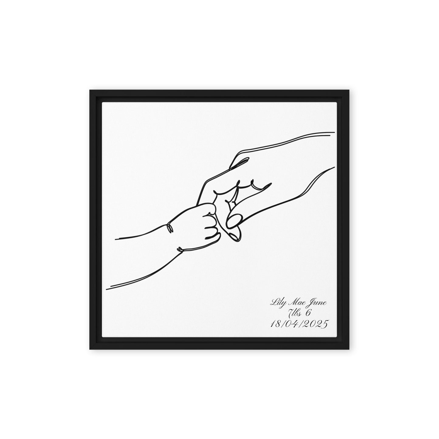 Black framed "{{product-type}}" with a personalised line art drawing of a mother's hand holding a baby's hand. The "{{title}}" design is a perfect new mum gift.