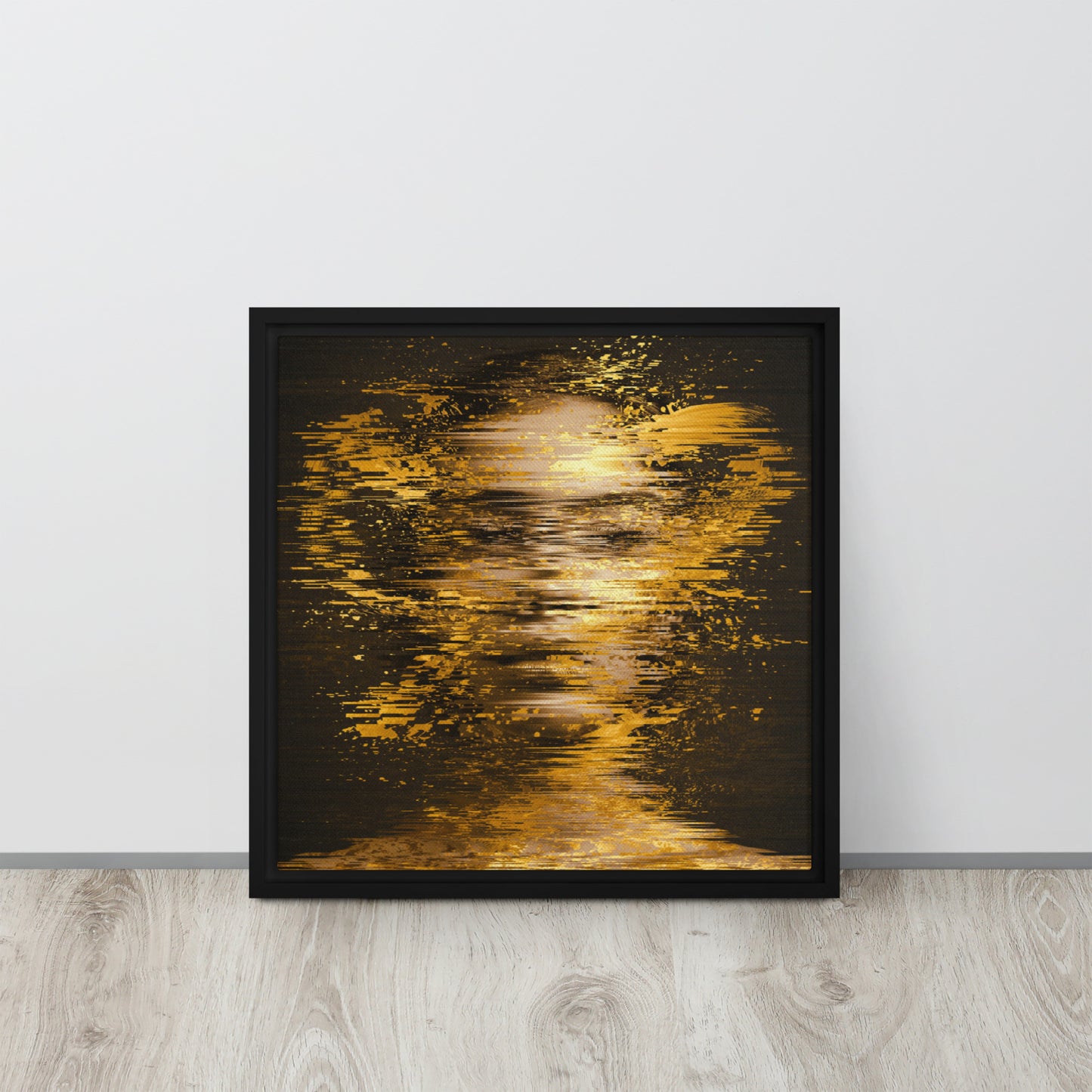 Black framed "{{product-type}}" with an abstract design of shimmering gold light on a dark background. The "{{title}}" art is a modern and calming piece for inner peace.