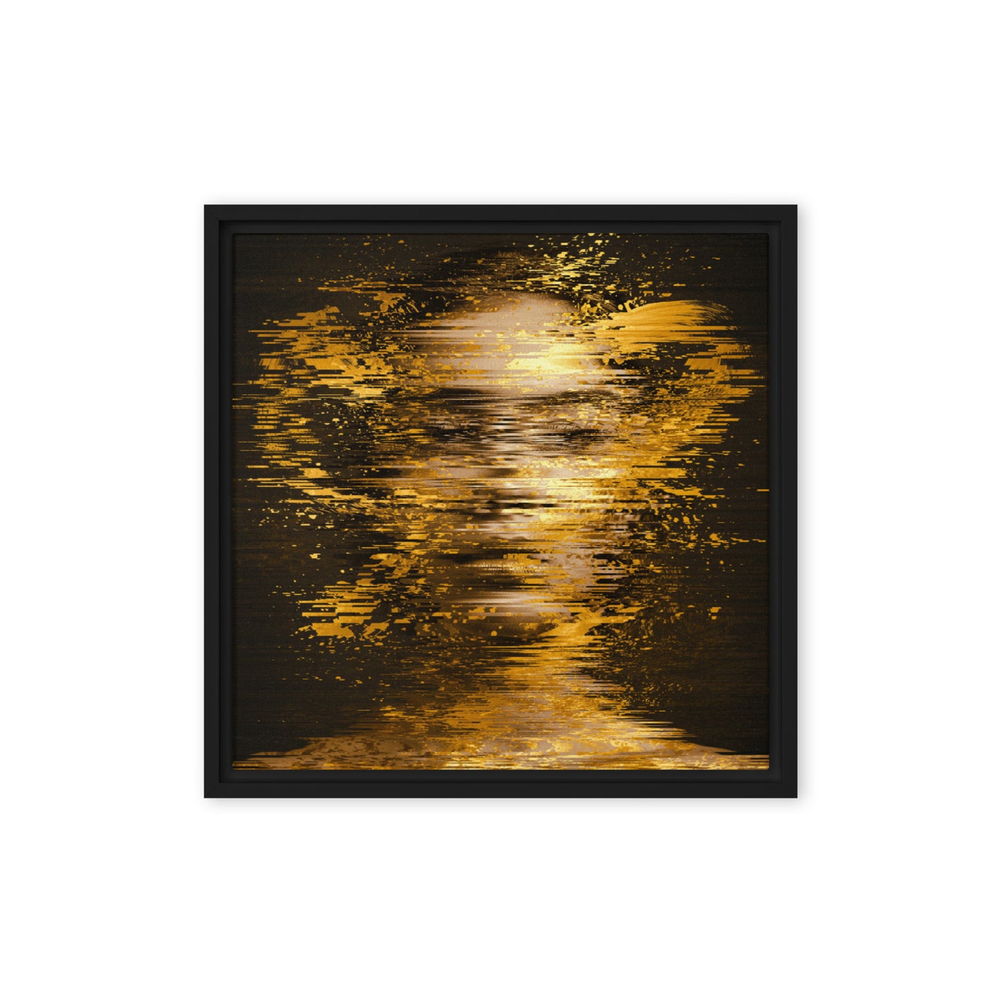Black framed "{{product-type}}" with an abstract design of shimmering gold light on a dark background. The "{{title}}" art is a modern and calming piece for inner peace.