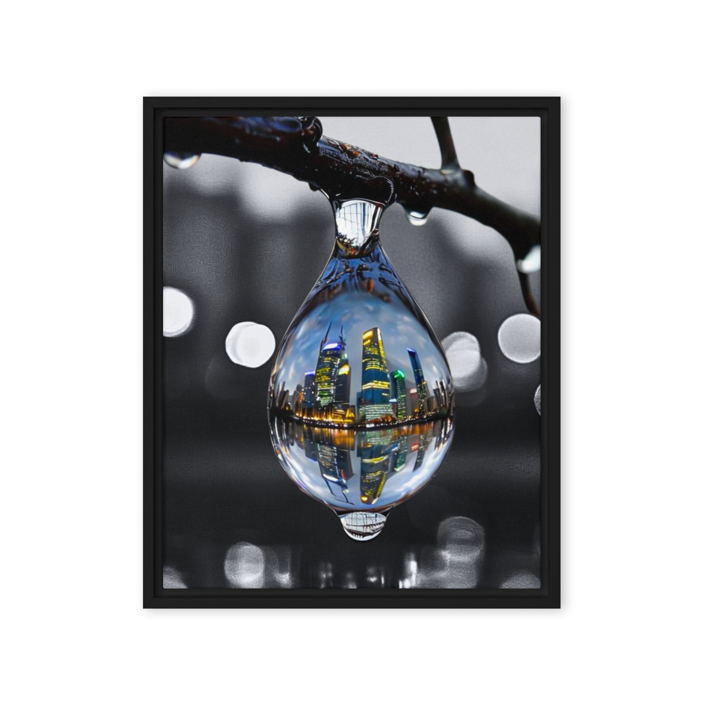 Framed canvas art print of a colorful city skyline reflected in a water droplet. Features unique abstract photography with vibrant colors against a monochrome background. Modern and stylish wall decor.